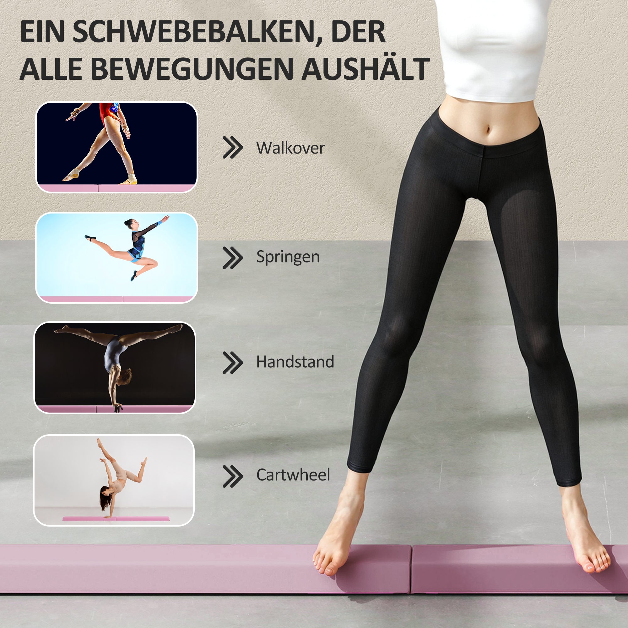 SPORTNOW Schwebebalken 2,4 m, faltbar, rutschfester Boden, für 3+ Jahre, bis 80 kg, Rosa