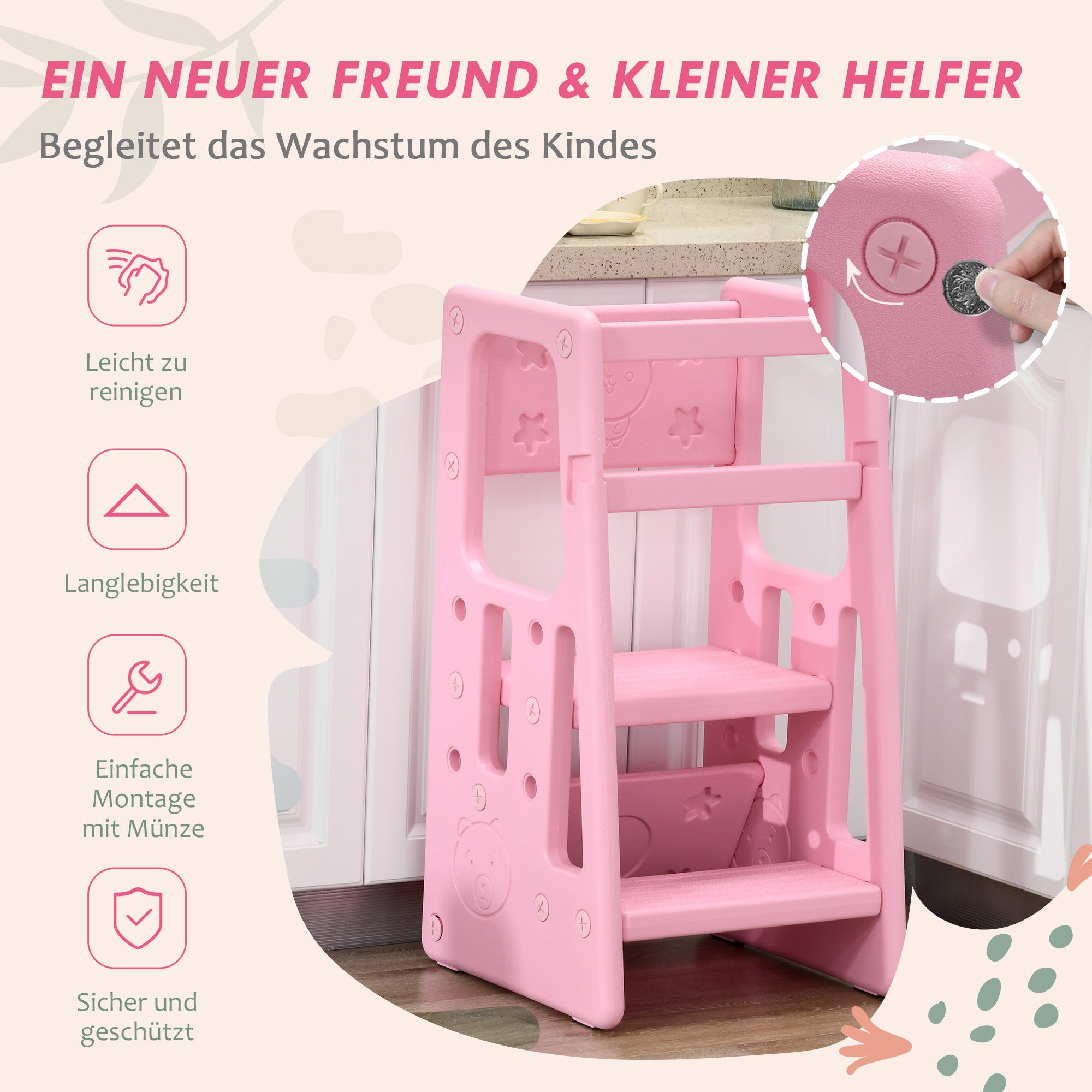 HOMCOM Lernturm, höhenverstellbar, leicht zu reinigen, rutschfest, kindersicherer Kunststoff, 47x47x90 cm, Rosa