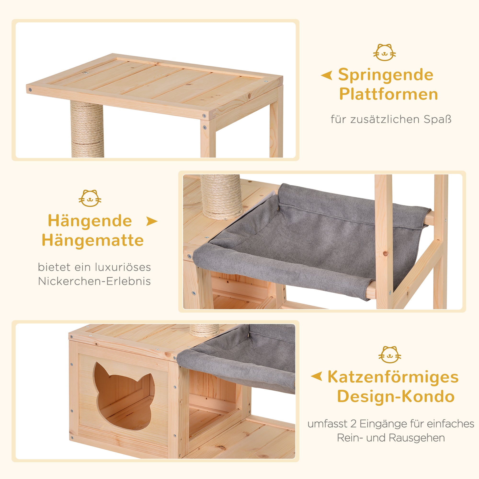 PawHut Katzenhaus mit Hängematte, Katzenkiste mit Sisalstamm, Katzenhöhle, Katzenbaum, Katzenaktivitätszentrum, Tannenholz, Natur, 70 x 35 x 60 cm