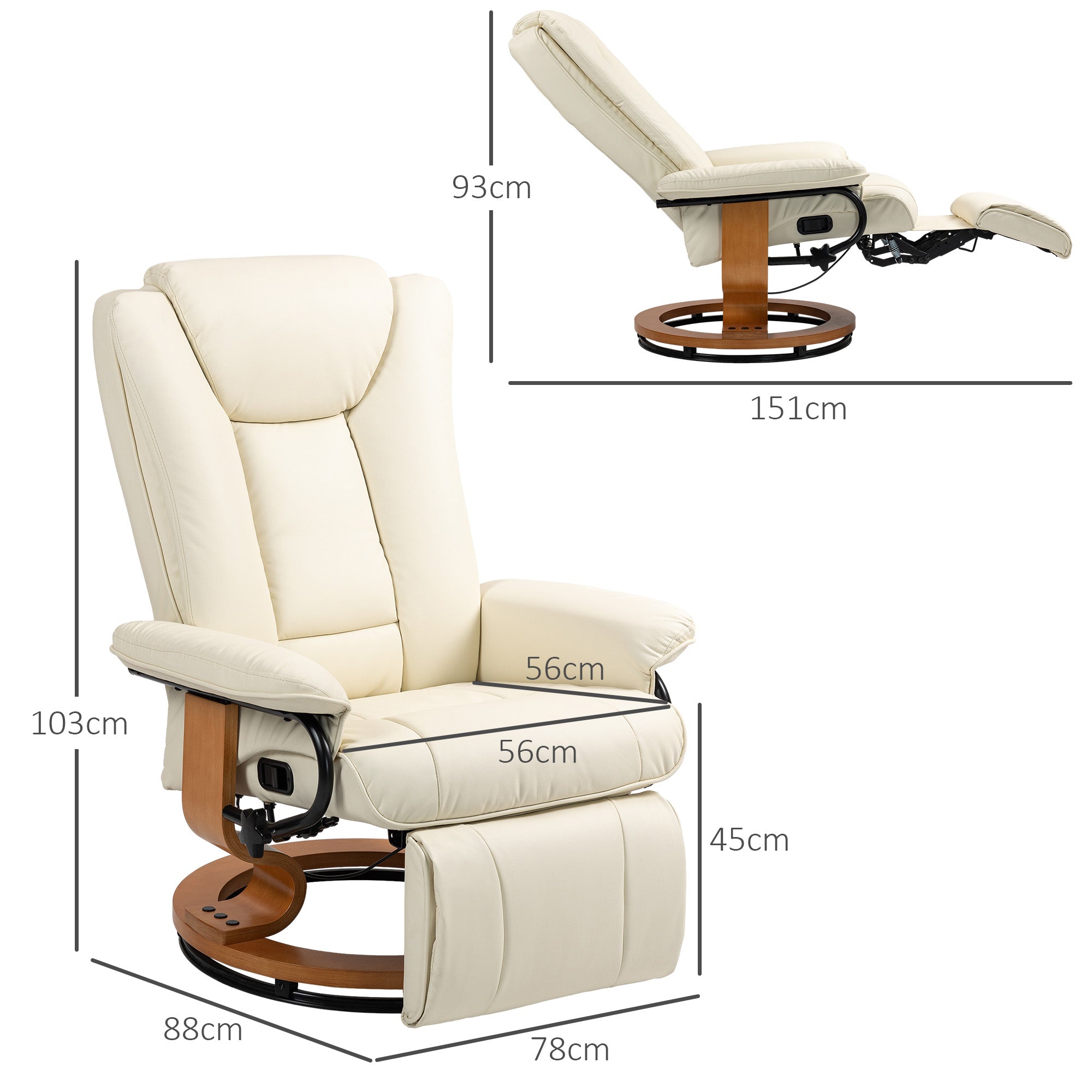 HOMCOM Relaxsessel mit Liegefunktion, drehbar, bis 150 kg, Kunstlederbezug, Stahlrahmen, Cremeweiß