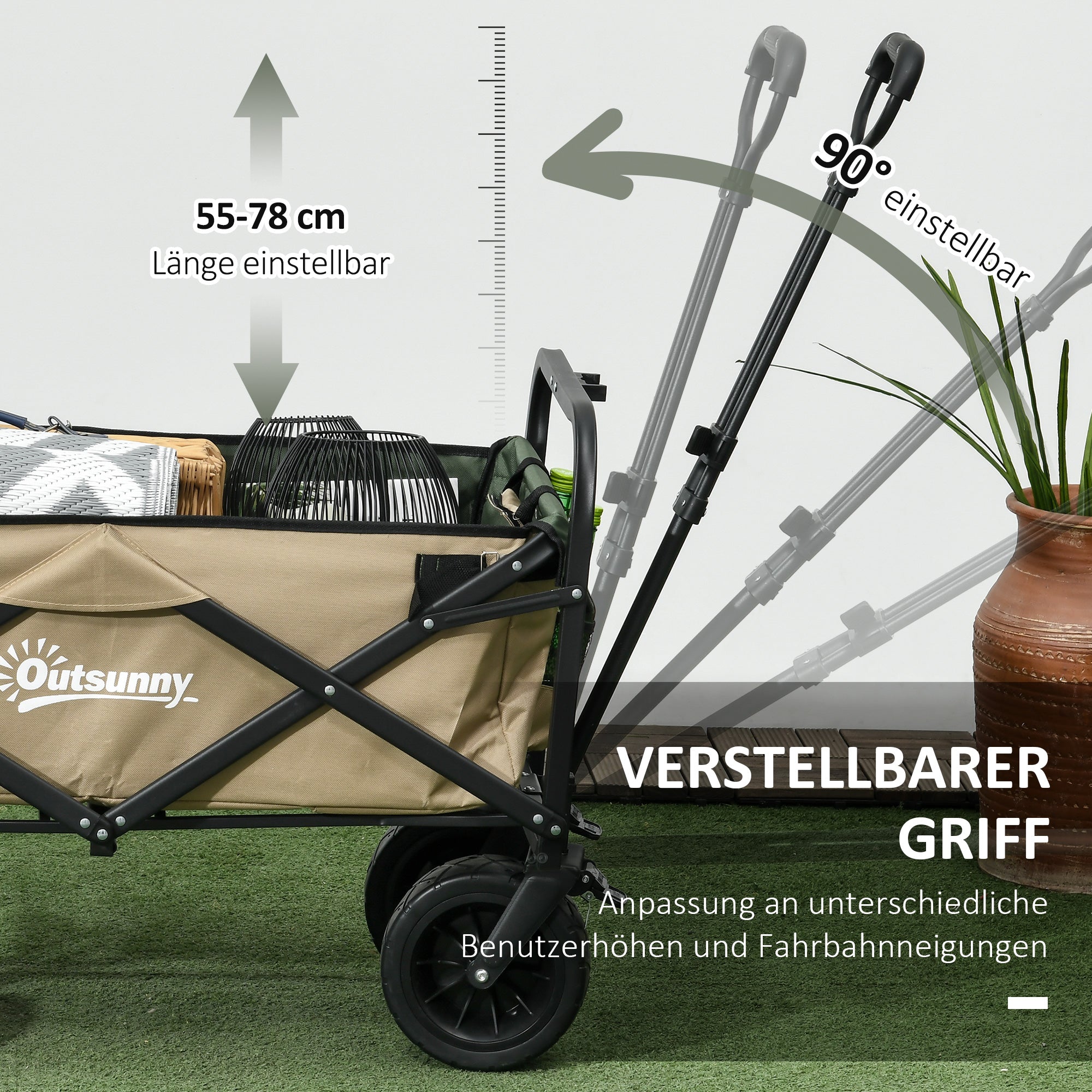 Outsunny Bollerwagen, faltbar, 110 L, bis 100 kg, Teleskopgriff, Stahlrahmen, 94 x 57 x 77-100 cm, Khaki