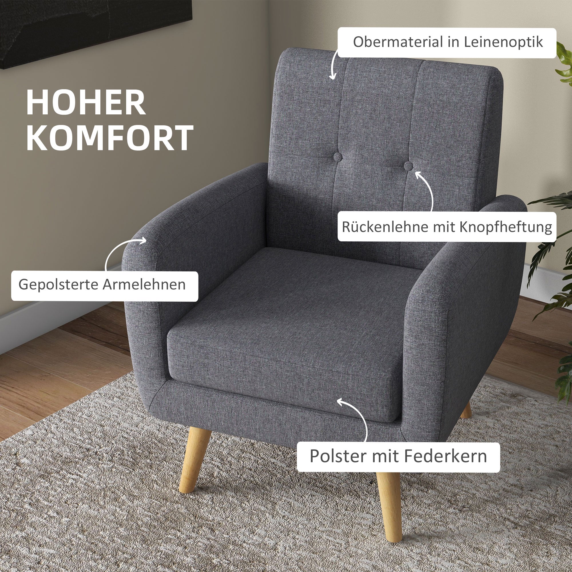 HOMCOM Sessel im Skandi-Design, Akzentsessel, Knopfheftung, Natur + Hellgrau