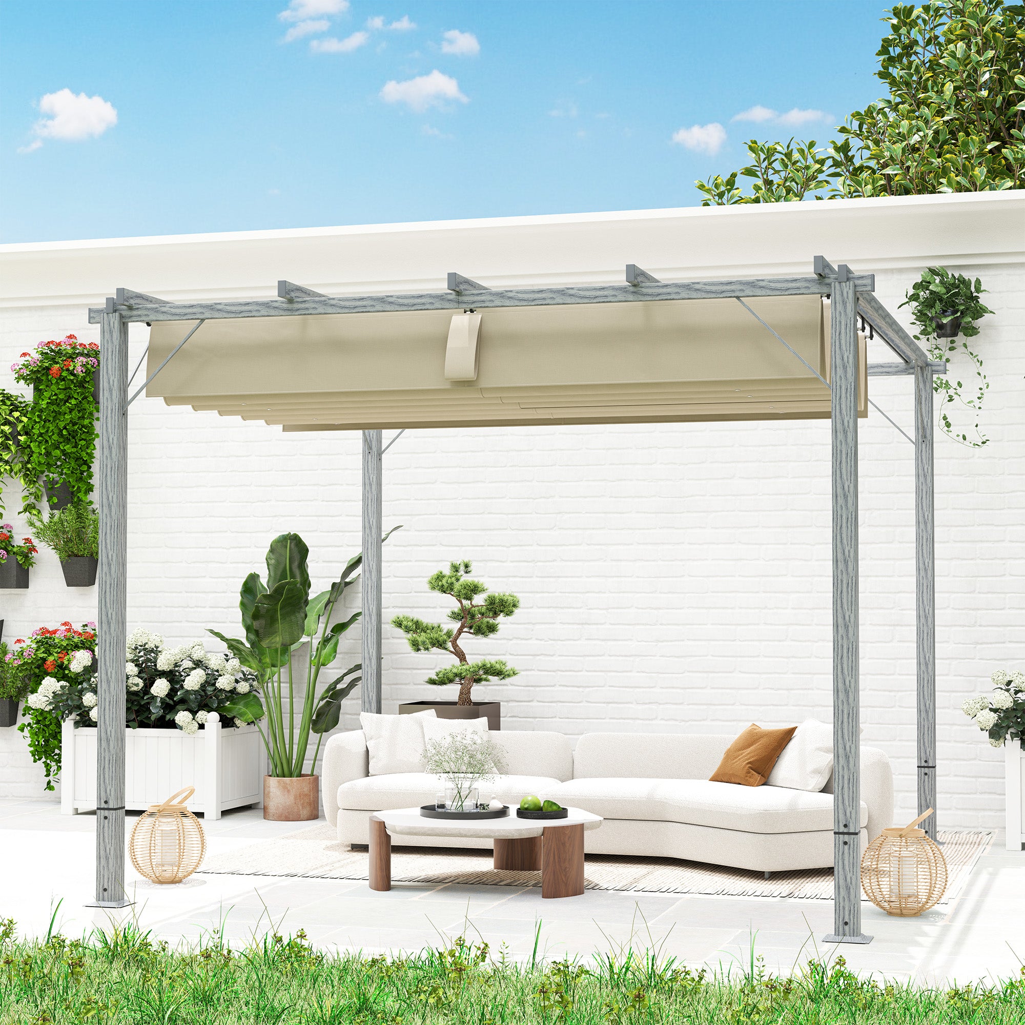 Outsunny 3 x 3 m Garten-Pergola, Verstellbares Terrassendach, Aluminium-Rahmen, UPF30+ Sonnenschutz, Grau