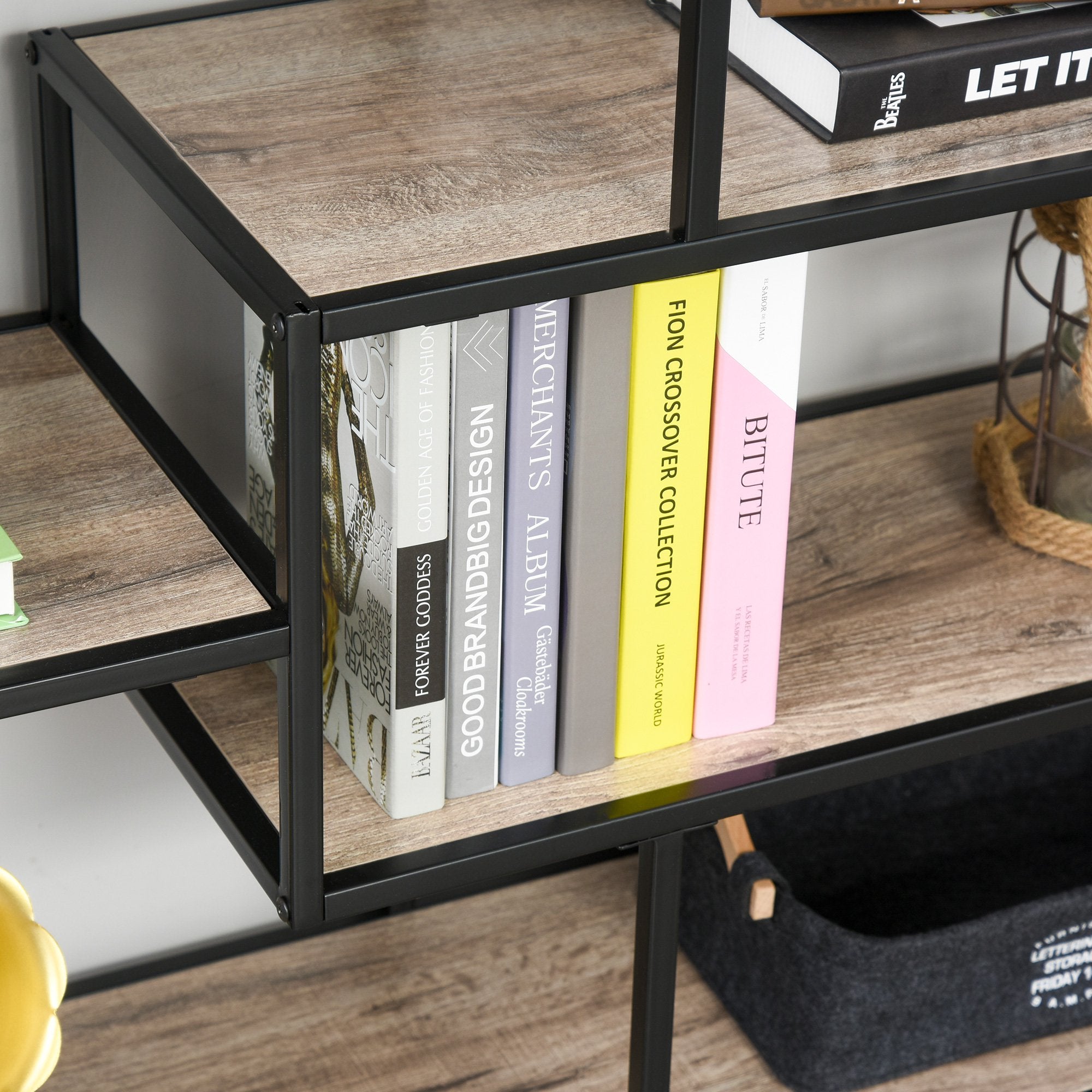 HOMCOM Standregal, Bücherregal Lagerregal Industrieller Stil, Aktenregal, Küchenregal, P2 Spanplatte, Metall, Schwarz+helle Eiche, 120 x 32 x 95 cm
