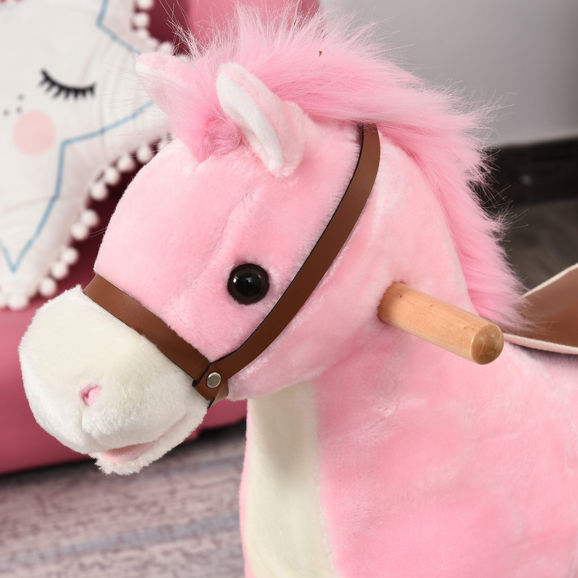 HOMCOM Kinder Schaukelpferd Baby Schaukeltier Pferd mit Tiergeräusche Spielzeug Haltegriffe für 36-72 Monate Plüsch Rosa 65 x 32,5 x 61 cm