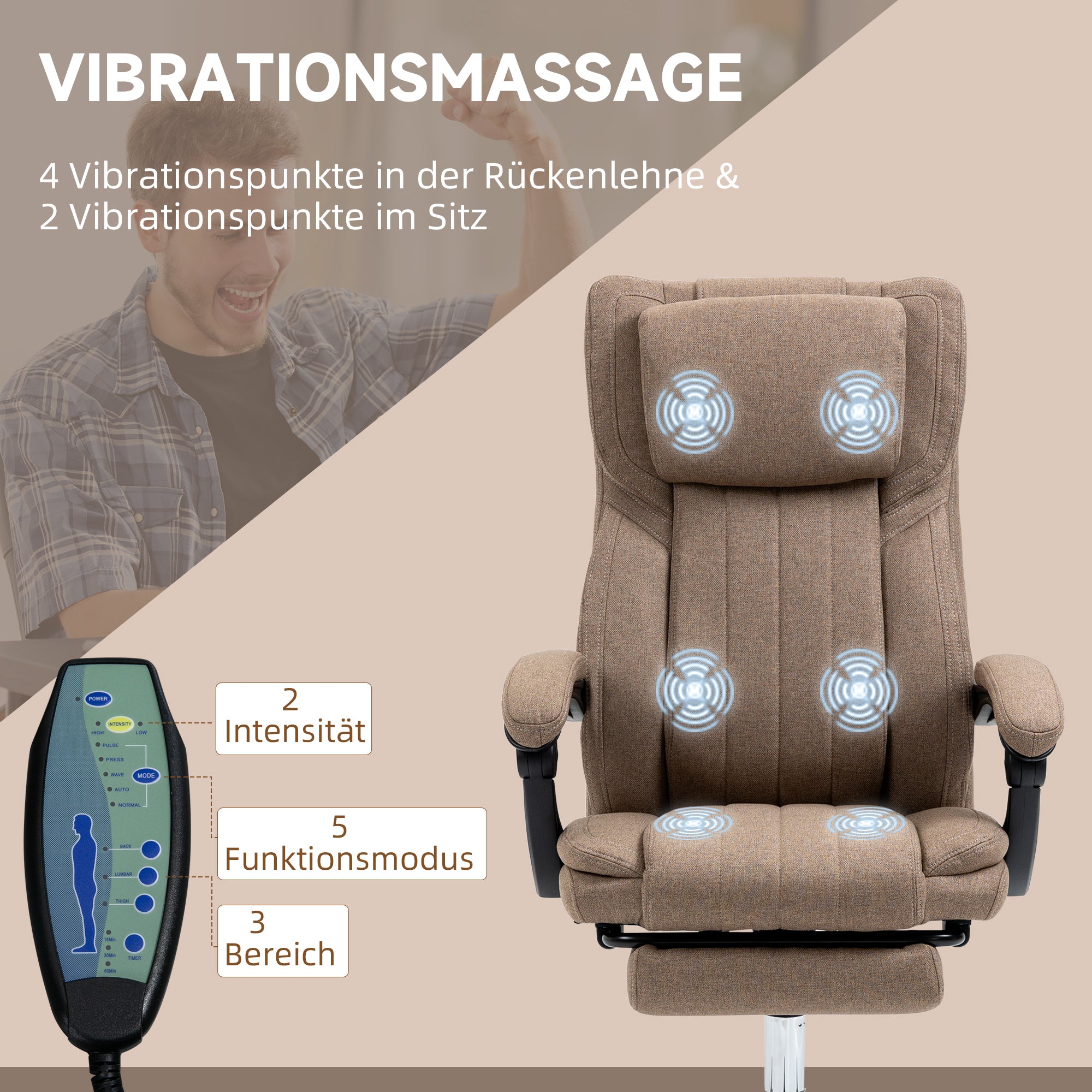Vinsetto Bürostuhl mit Massagefunktion, neigbare Rücklehne, ausziehbare Fußstütze, Leinenoptik, 65 x 61 x 113 cm, Braun