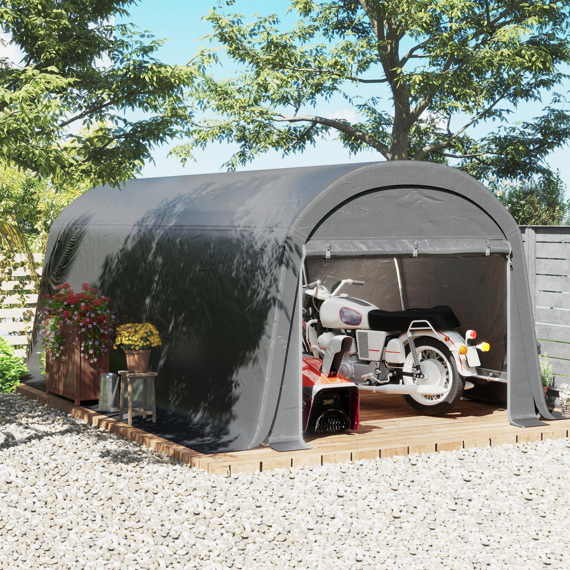 Outsunny Gartenschuppen mit Kunststoff-Plane, Werkzeugzelt, aufstellbare Garage, 300B x 600T x 230H cm, Dunkelgrau