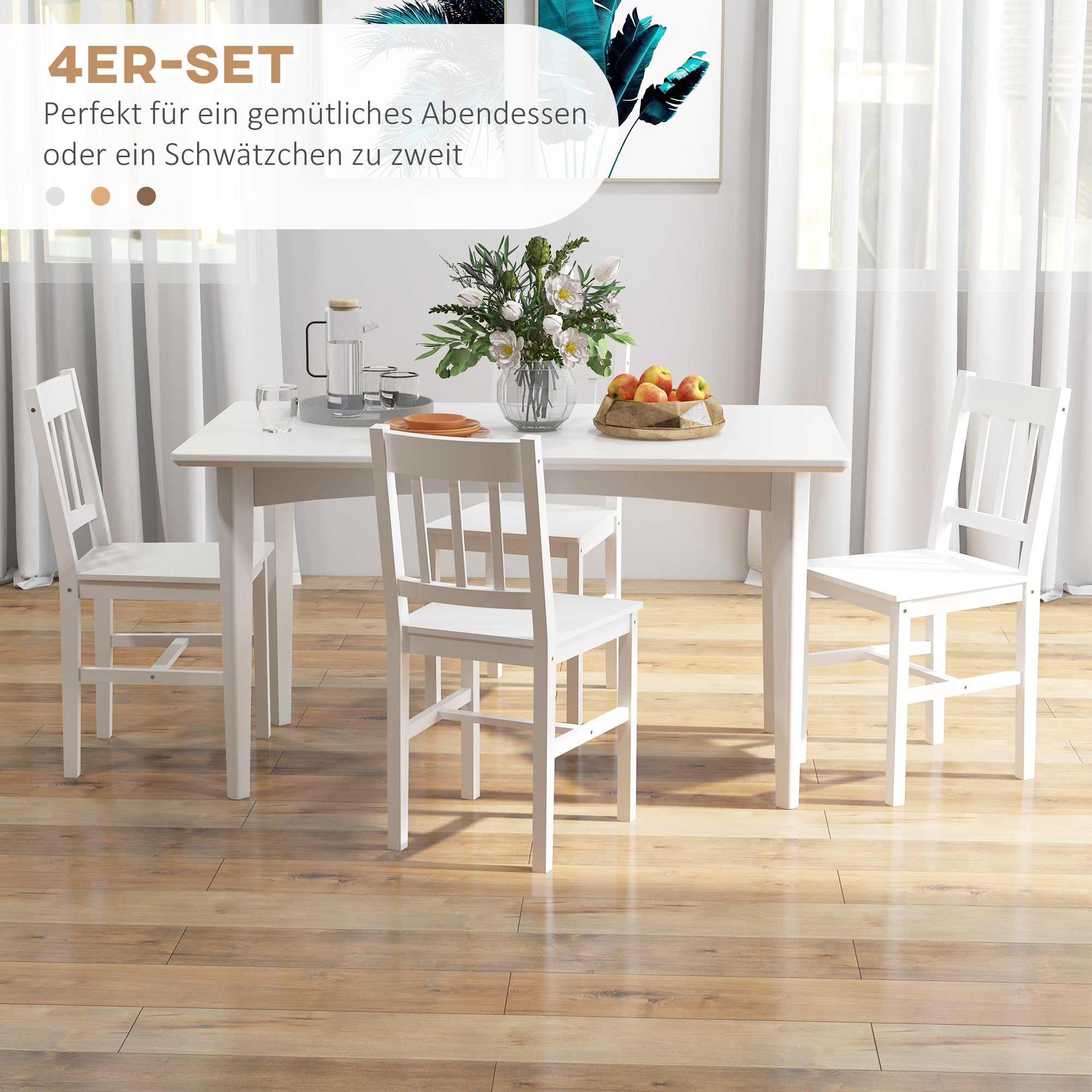 HOMCOM 4er-Set Esszimmerstühle Küchenstühle Stühle, Massivholz, 41 cm x 46,5 cm x 85,5 cm, Weiß