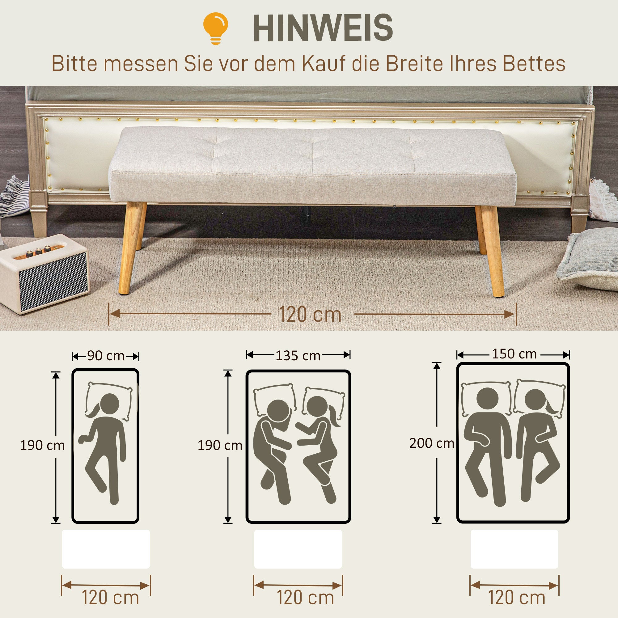 HOMCOM Bettbank, Sitzbank, weicher Bezug, Leinenoptik, bis 120 kg, Naturholzbeine, 120x41x43cm, Creme