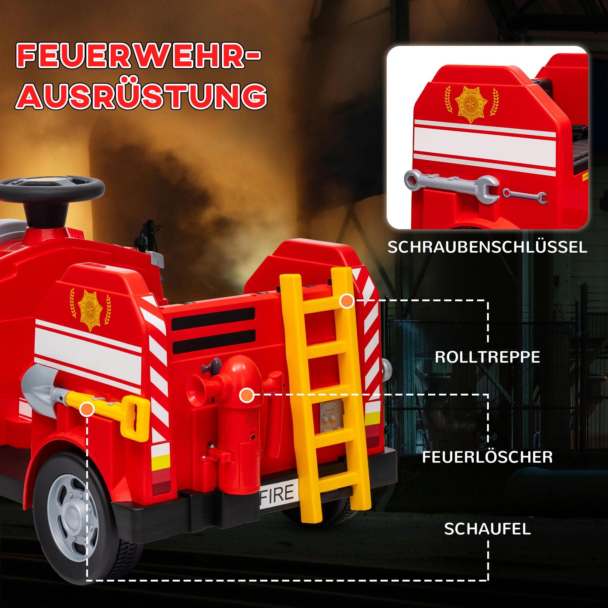 AIYAPLAY Feuerwehrauto, Elektro-Kinderauto, max. 3 km/h, Sirene, Blaulicht, Werkzeuge, für Kinder 3-5 Jahre