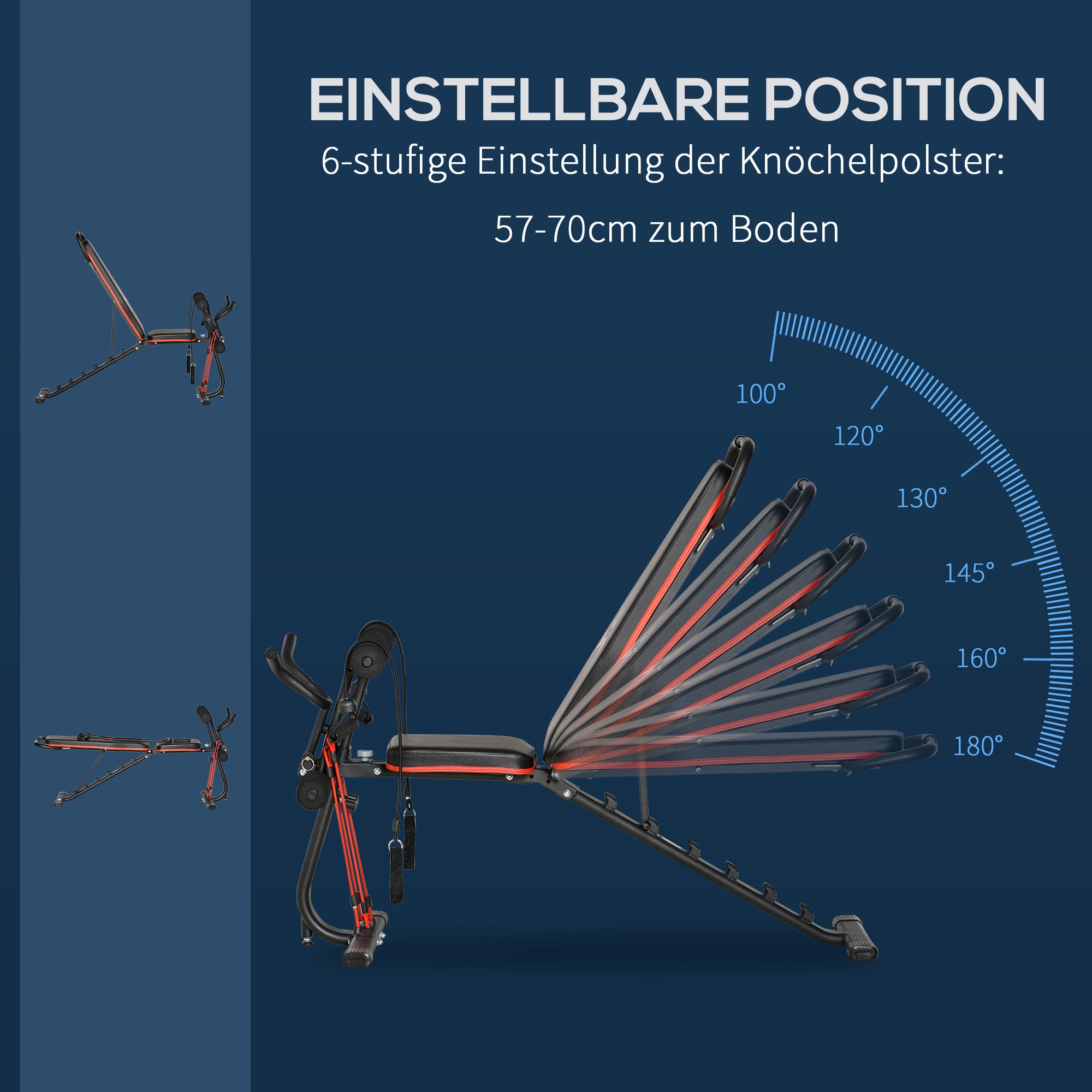HOMCOM Hantelbank verstellbare Trainingsbank mit elastischer Seils Sit Up-Bank für Heimtraining 6 Stufen Rückenlehne-Gefälle Gewicht bis 150 kg Stahl Kunstleder Schwarz+Rot 145 x 49 x 48-127 cm