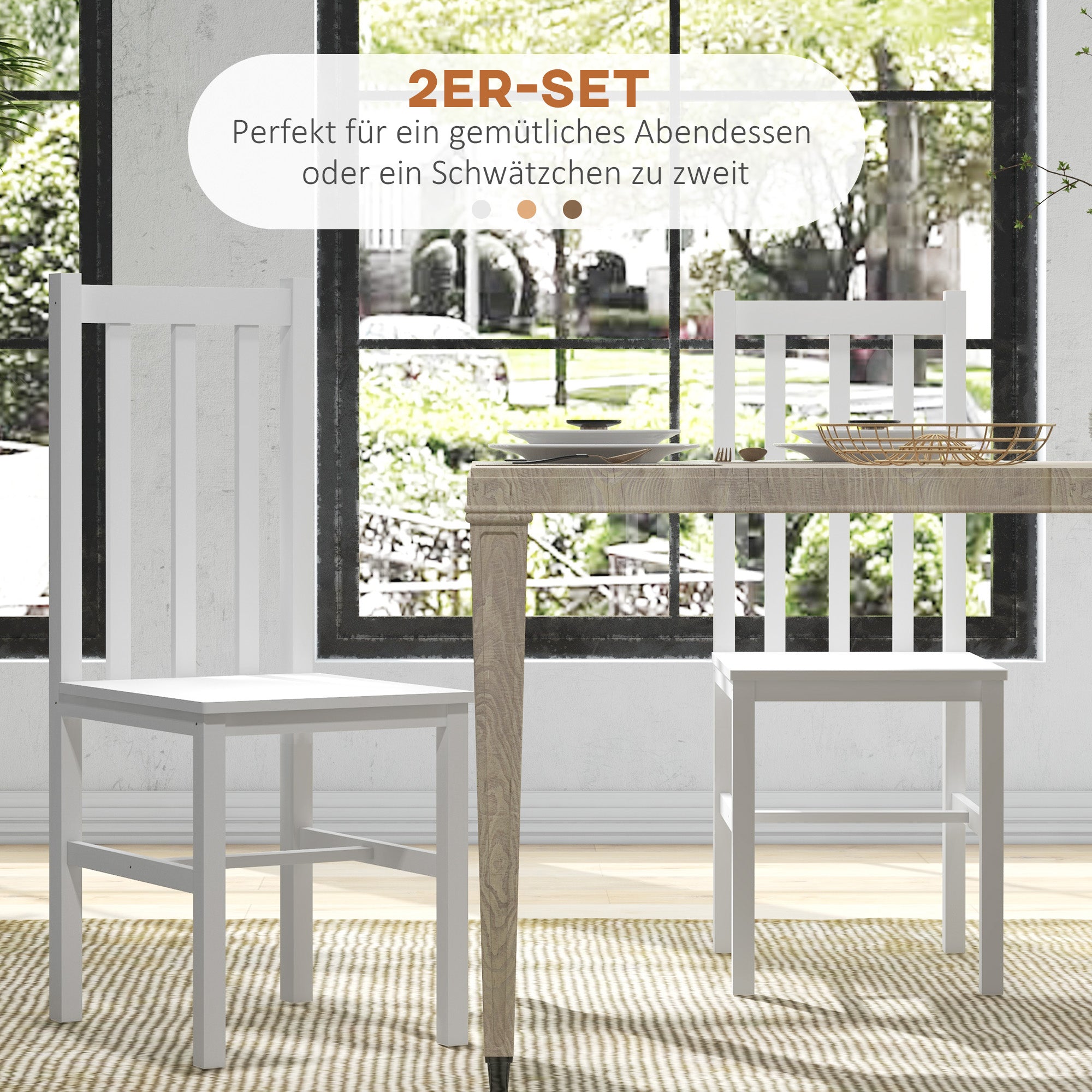 HOMCOM 2er-Set Küchenstühle Esszimmerstühle Stühle, Massivholz, modernes Design, 38, 5 cm x 47,5 cm x 99 cm, Weiß