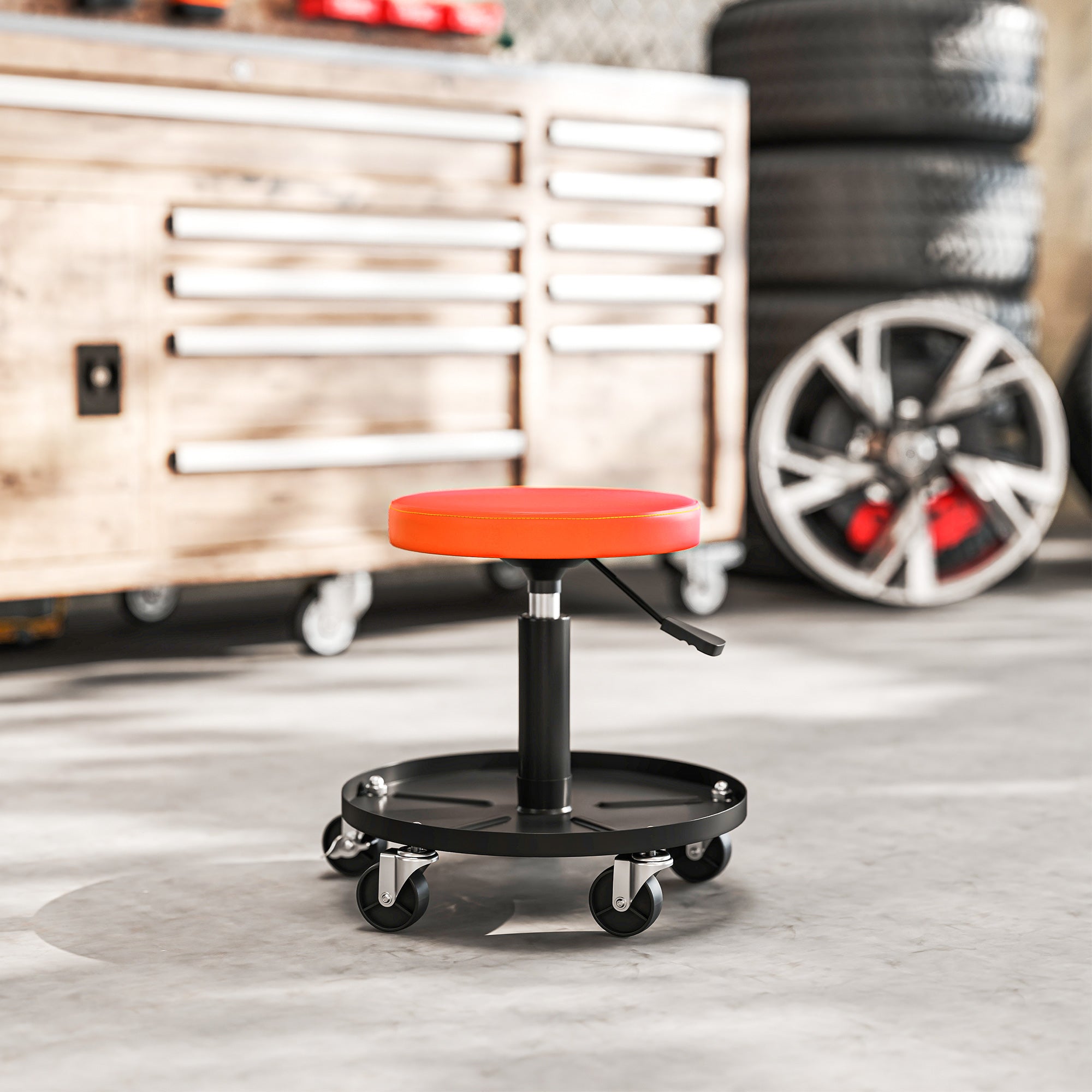 HOMCOM Werkstatthocker mit Rollen Ablagefläche höhenverstellbar 38-50cm bis 135 kg belastbar Orange