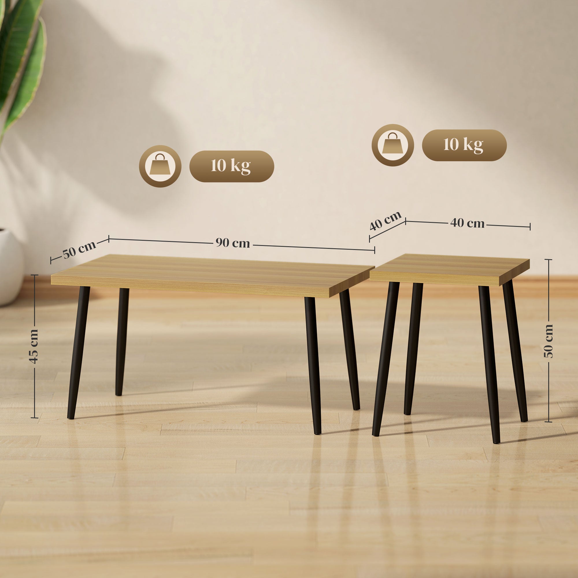 HOMCOM 2er-Set Kaffeetische, Großer und kleiner Tisch mit Metallrahmen und Holzplatte, Flexible Couchtische, Naturholz