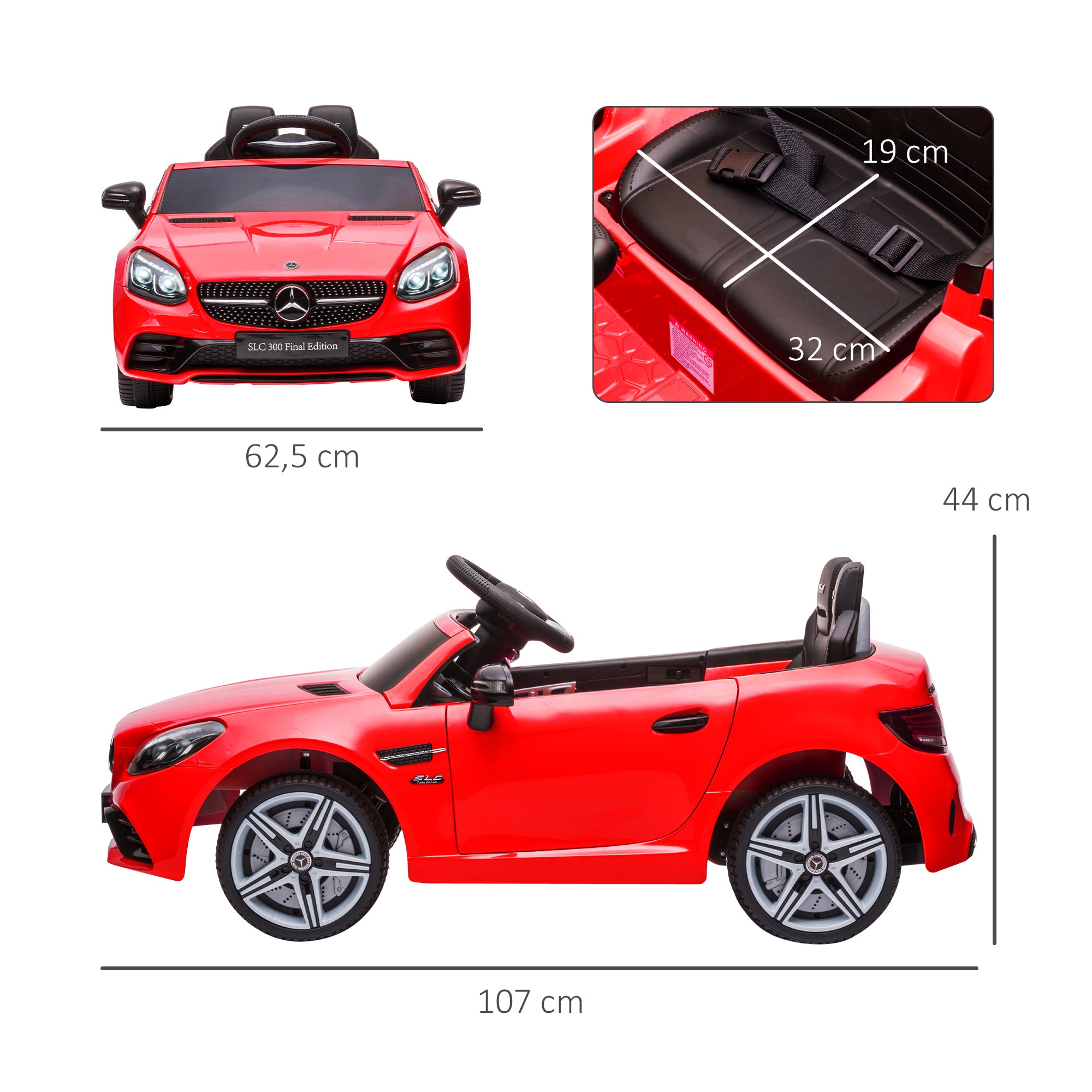AIYAPLAY Kinder-Elektroauto mit LED-Scheinwerfern, Sicherheitsgurt, Hupe, Musik, 3-5 km/h, 3-6 Jahre, Rot