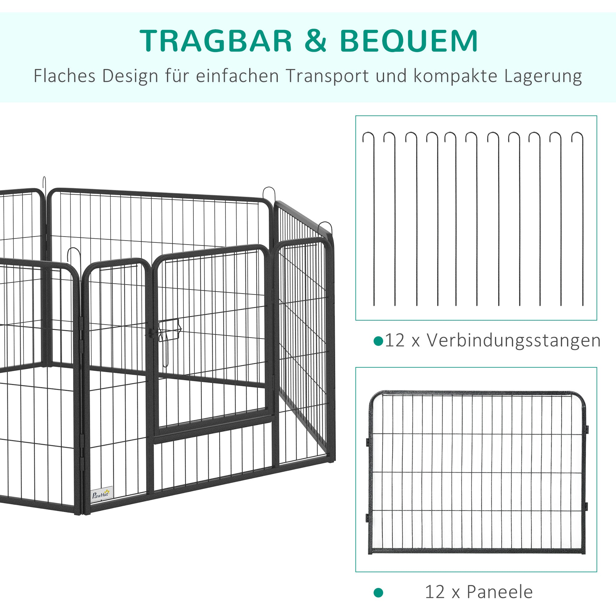 PawHut Haustiergehege, Welpenauslauf, Welpengitter, 12 Paneele, Outdoor u.  Indoor, Schwarz