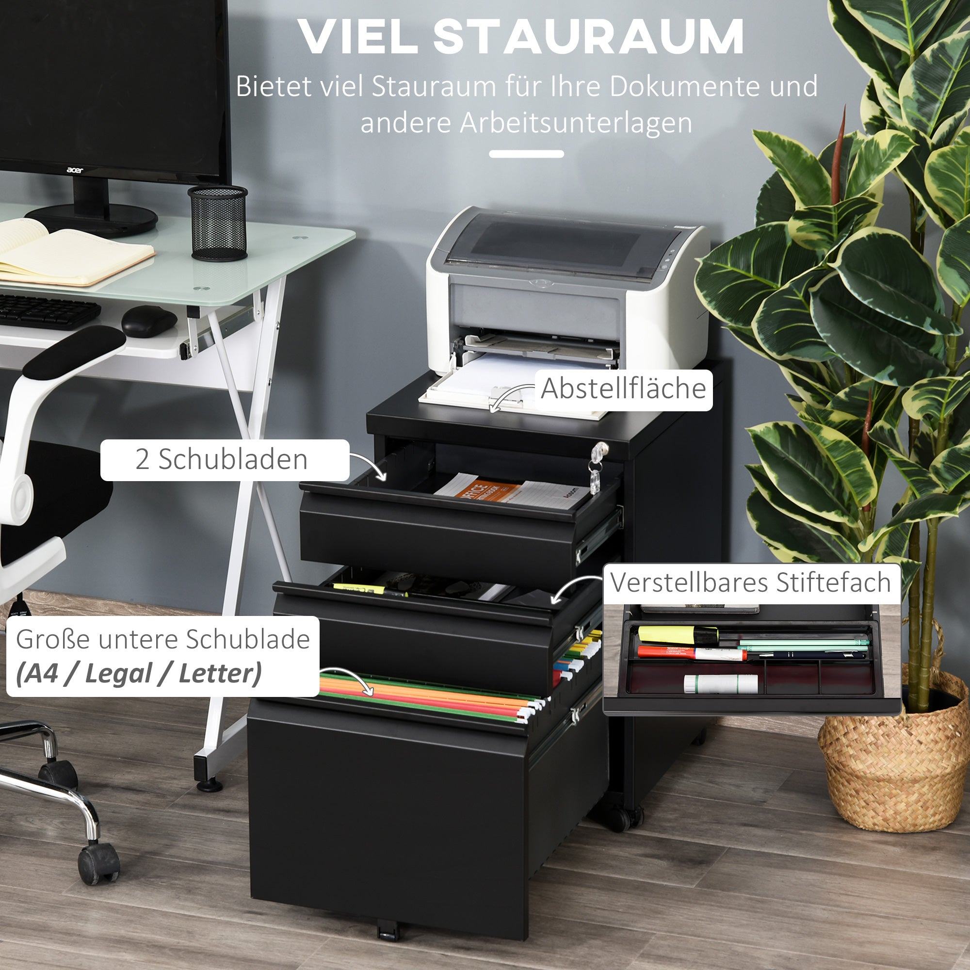 Vinsetto Rollcontainer, 3 Schubladen, 5 Räder, Hängeregister, abschließbar, Stahl, schwarz 39 x 48 x 60 cm