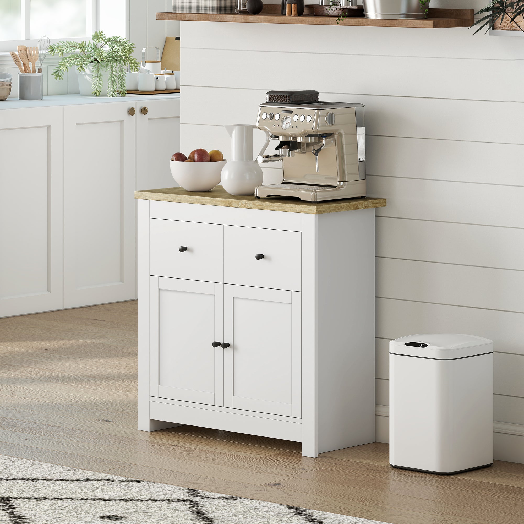 HOMCOM Kommode mit viel Stauraum, Sideboard mit Soft-Close-Türen, 2 Schubladen, verstellbares Regal, Weiß