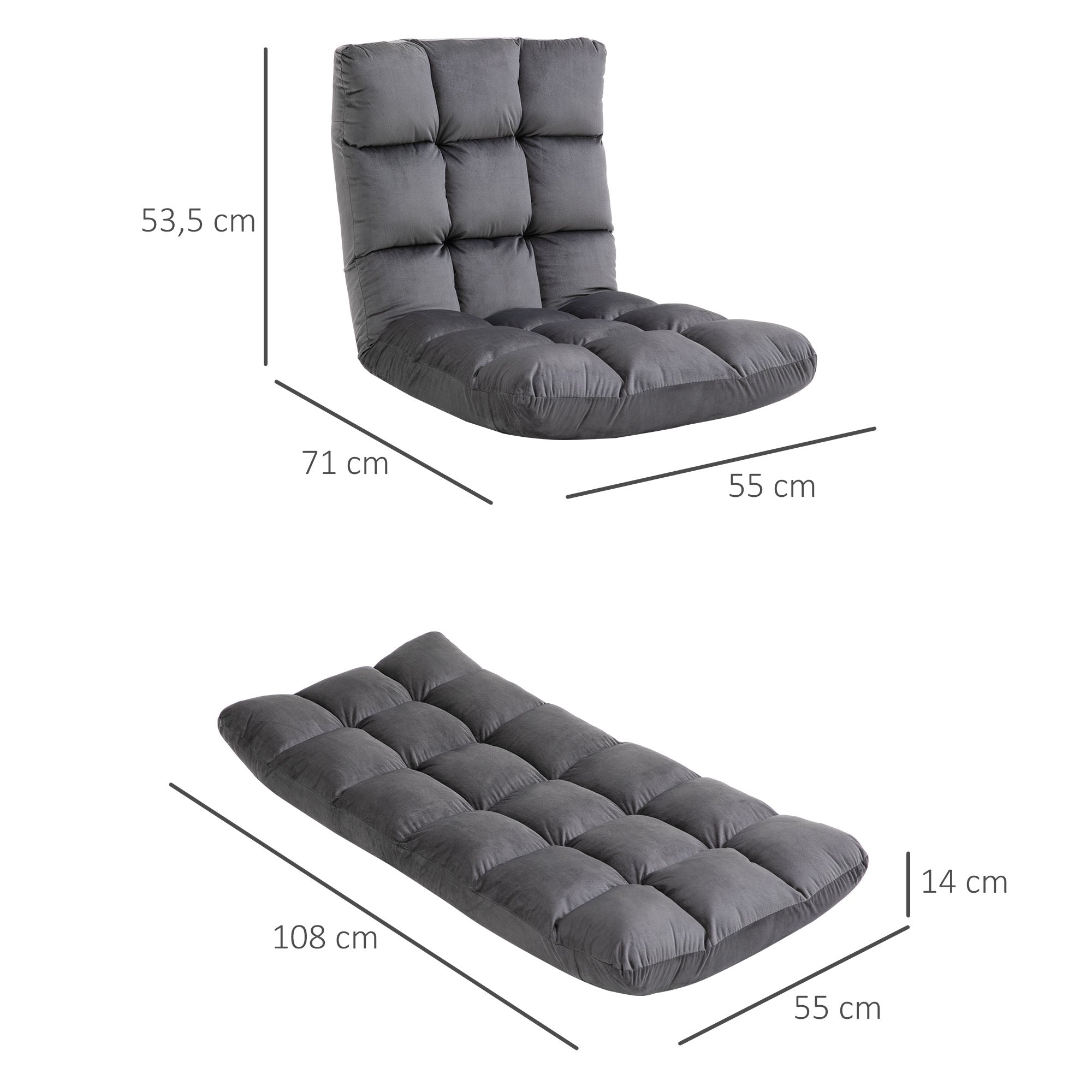 HOMCOM Sessel Gästematratze Bodensessel, verstellbare Rückenlehne, Velouroptik, 55 cm x 71 cm x 53,5 cm, Grau