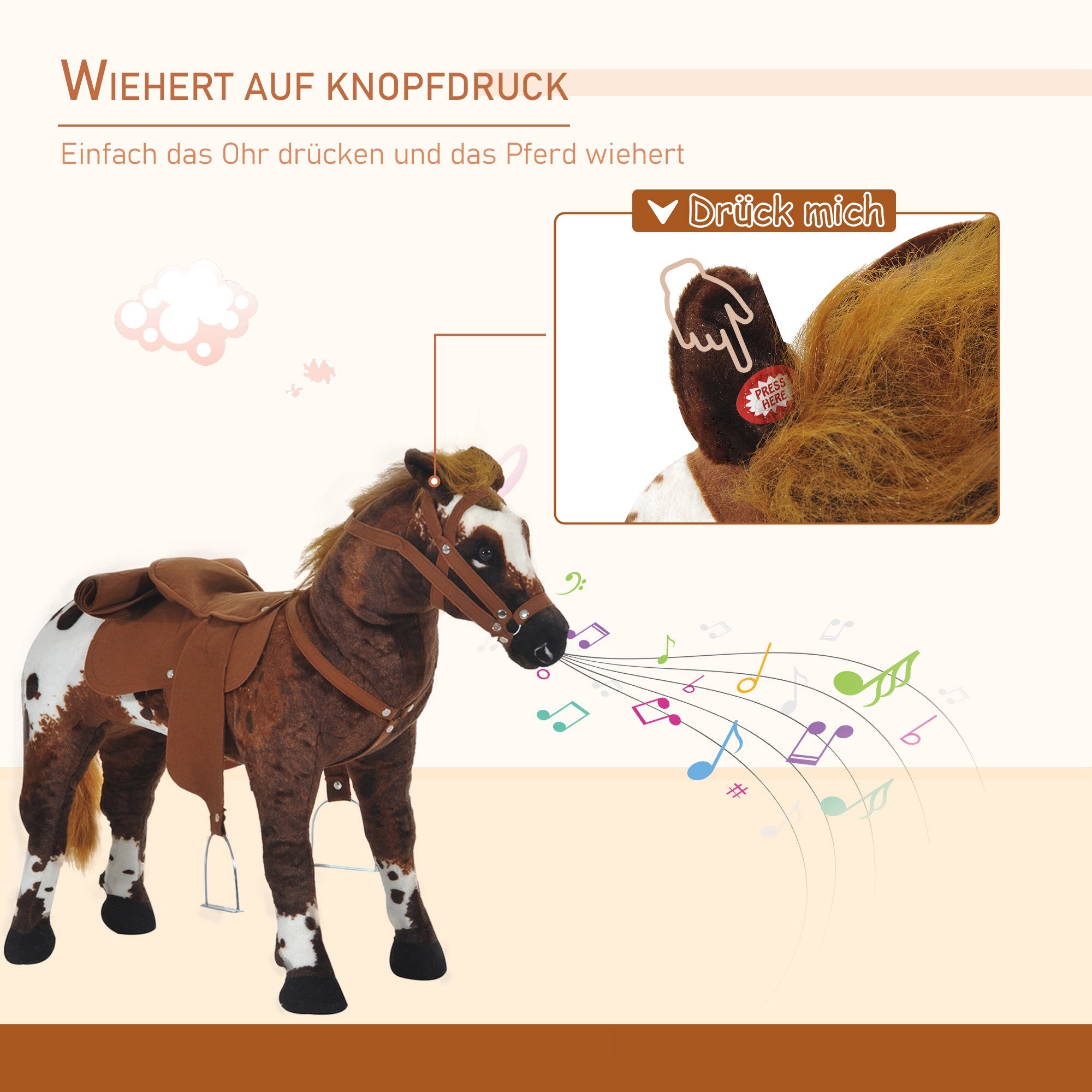 HOMCOM Spielpferd Reitpferd für Kinder ab 2 Jahren, Weiches Plüschpferd mit Sattel & Steigbügel, Pferd Spielzeug mit Geräusch, Braun