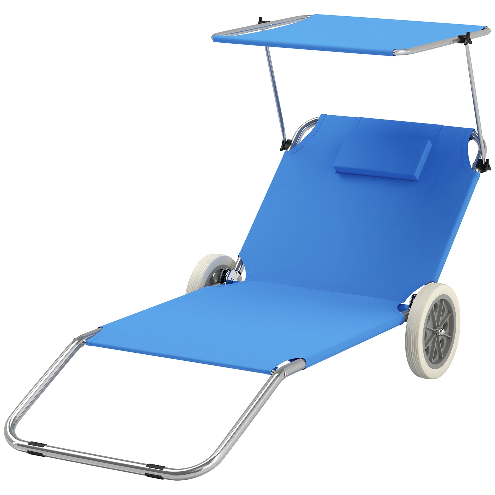 Outsunny Sonnenliege klappbar Gartenliege mit Kopfkissen Dach, Rolle Liegestuhl mit verstellbare Rückenlehne Blau