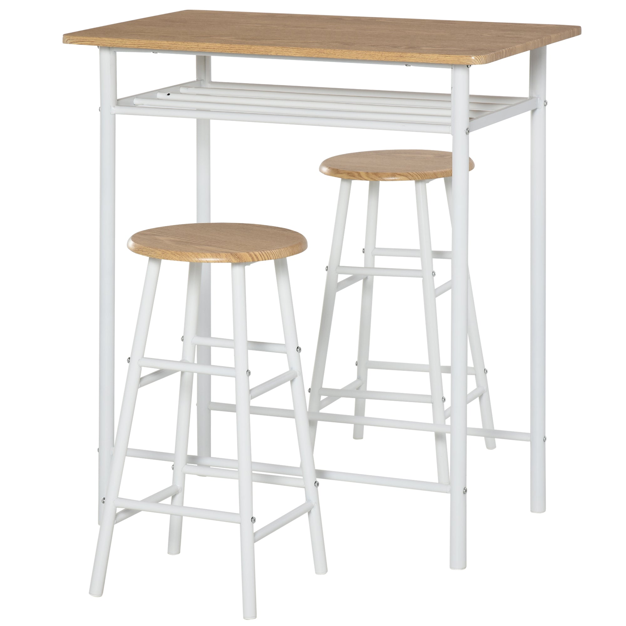 HOMCOM Bartisch Set Bartisch mit 2 Barhockern Essgruppe Küchentisch mit Lagerregal Esstisch für Esszimmer, Küche, Weiß