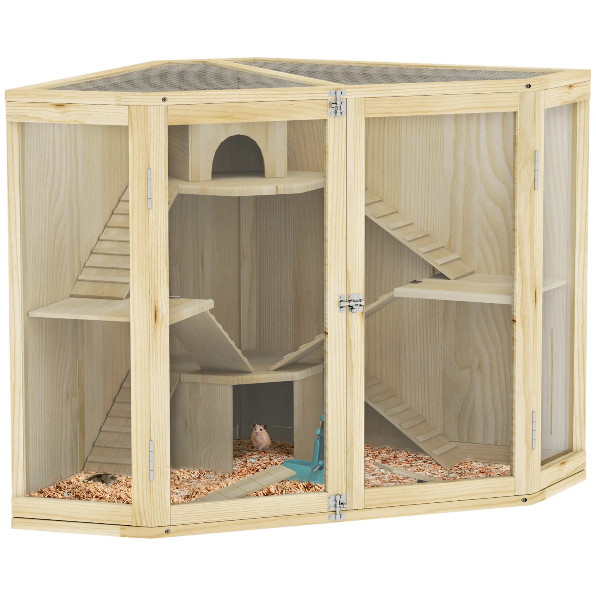 PawHut Hamsterkäfig, 4-Ebenen-Design, mit Fütterungsstation, Wippe, Rampe, Hütten, 115 x 69,5 x 79 cm, Holz