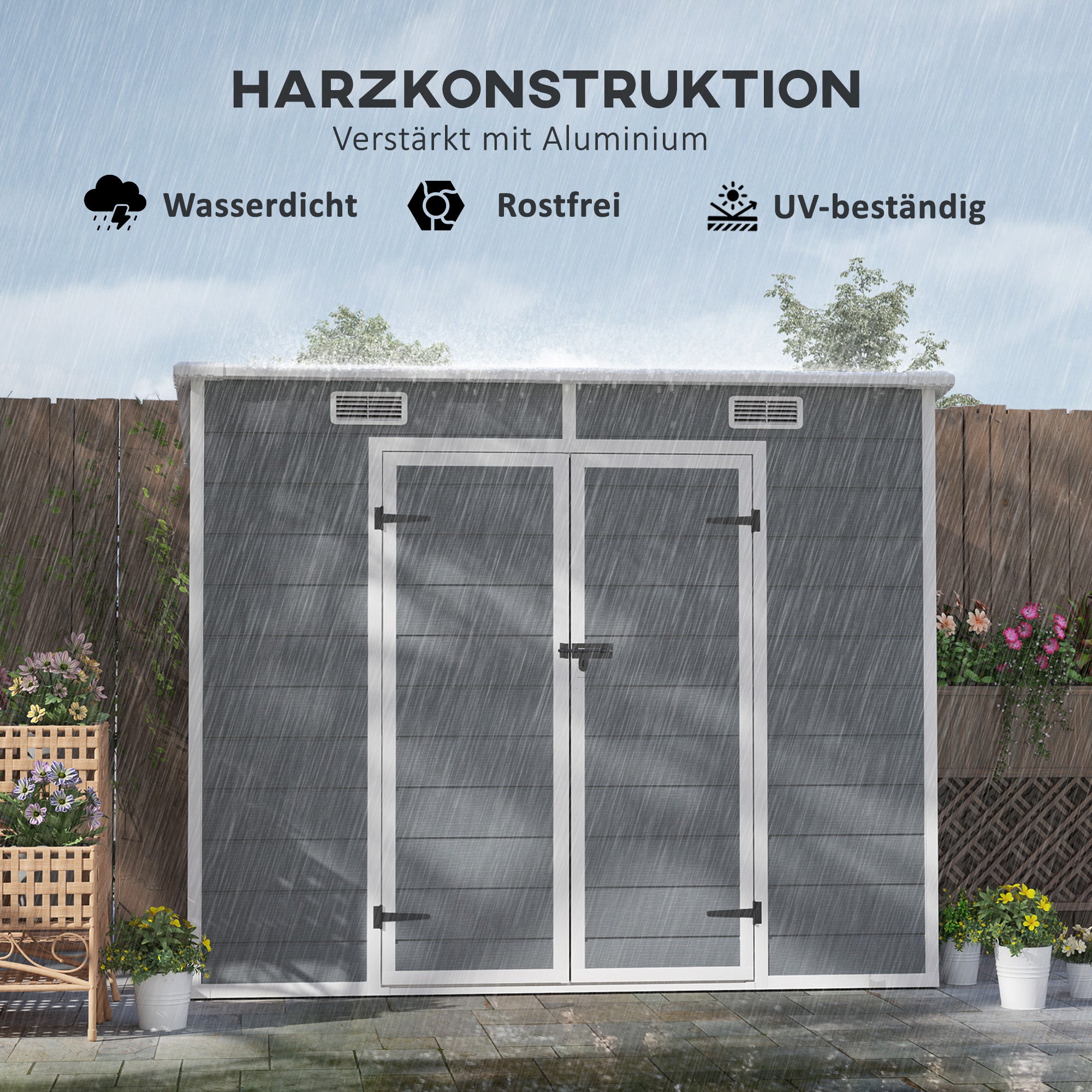 Outsunny 2,4 x 1,3 m Gartenschuppen, Kunststoff-Gartenhaus mit Boden, Fenster, verschließbare Türen, für Garten, Terrasse, Grau