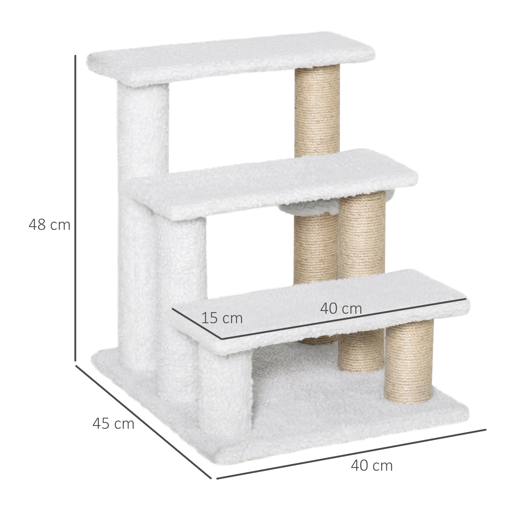 PawHut Katzentreppe 3-stufige Haustiertreppe mit Kratzsäulen Ball Hundetreppe Tiertreppe für Katzen bis 5 kg Plüsch Jute Weiß 45 x 40 x 48 cm