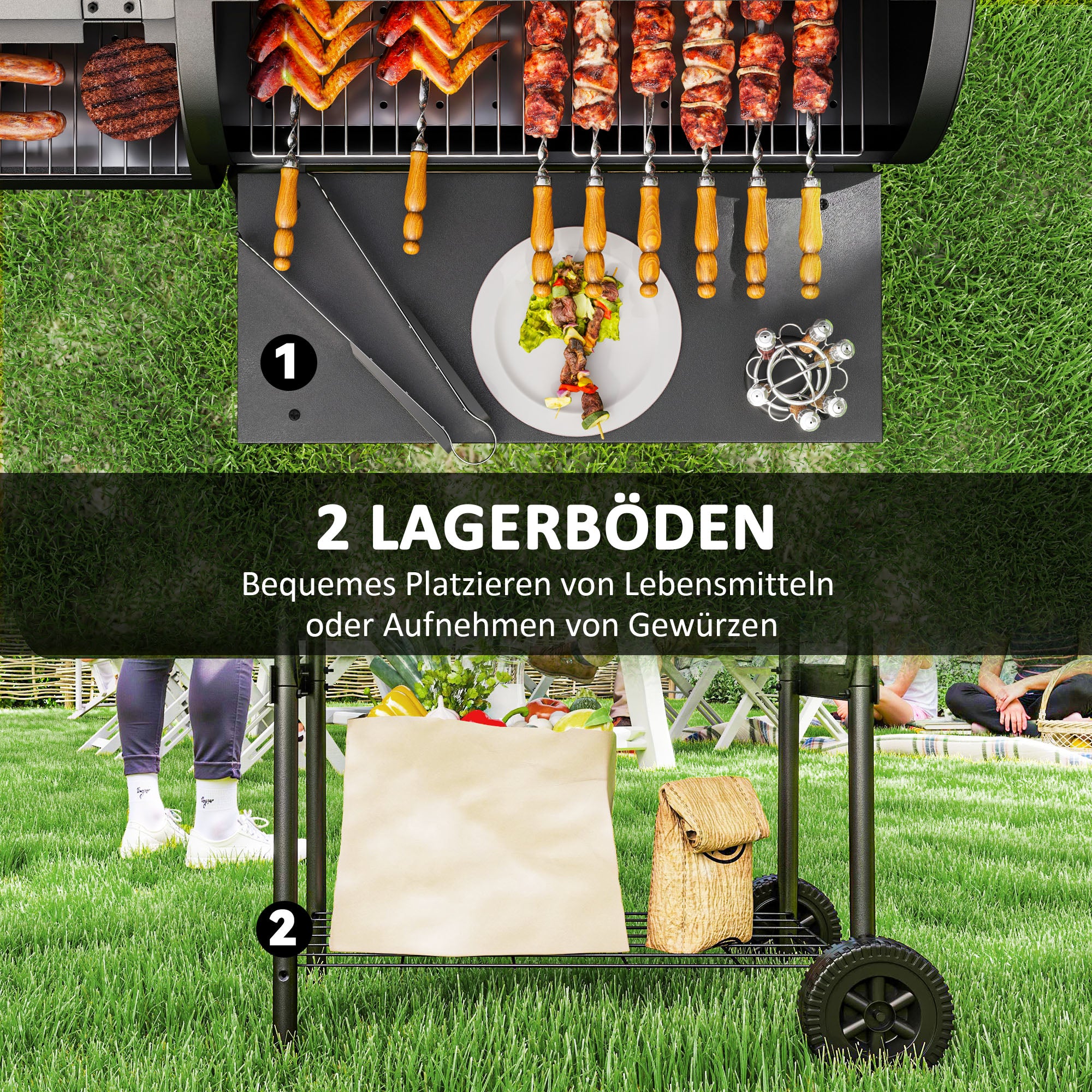 Outsunny Holzkohlegrill aus Stahl BBQ Smoker mit Deckel Thermometer Räder Luftzufuhr Kohlewanne
