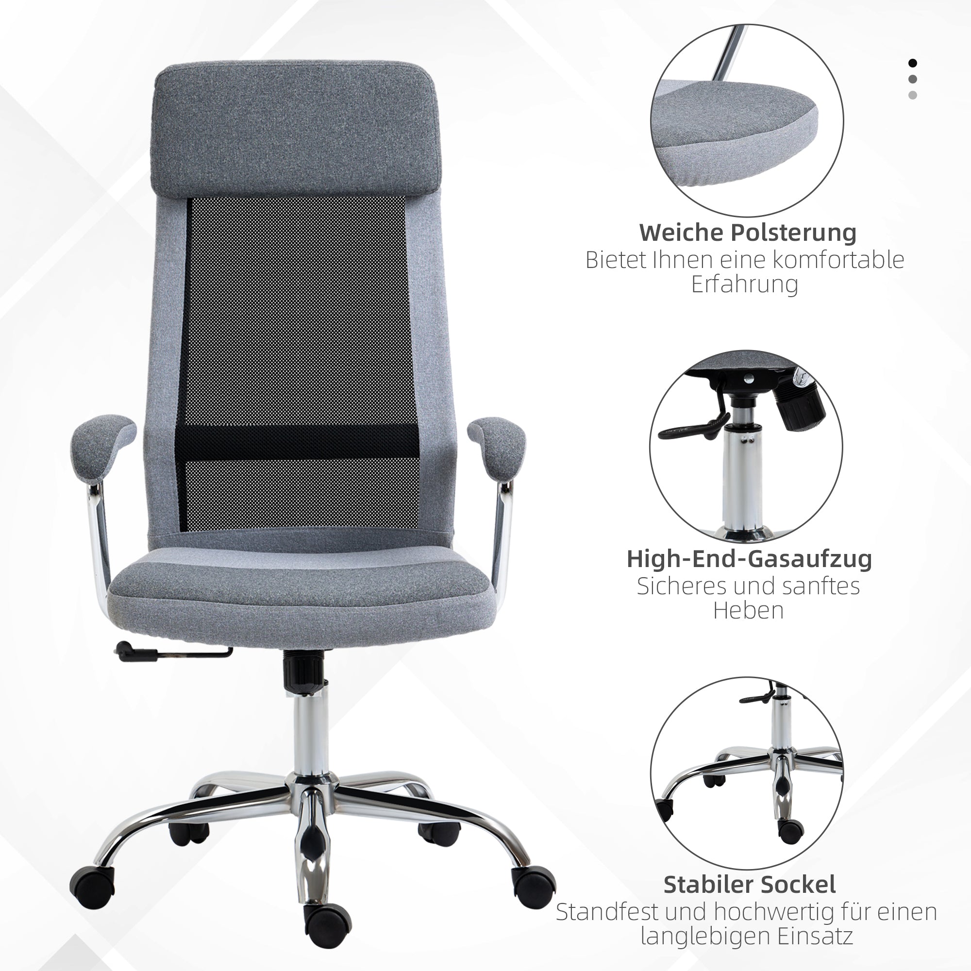 Vinsetto Bürostuhl Computerstuhl ergonomischer Schreibtischstuhl Höhenverstellung und Kopfstütze mit Schaumstoff nordischer Stil hellgrau+schwarz 65 x 67 x 119-129 cm