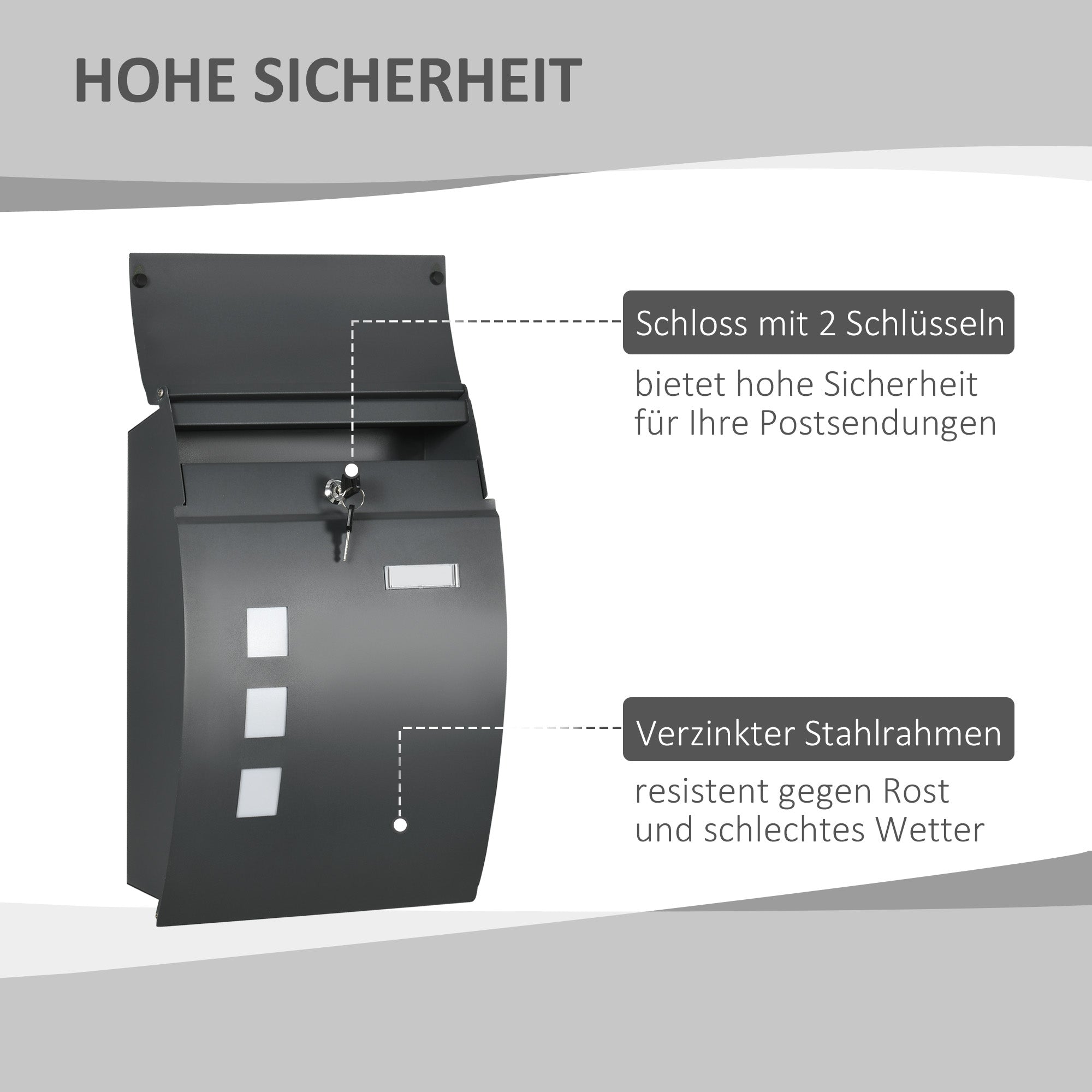 HOMCOM Briefkasten mit Schloss, verzinkter Stahl, 30 cm langer Postschlitz, Grau