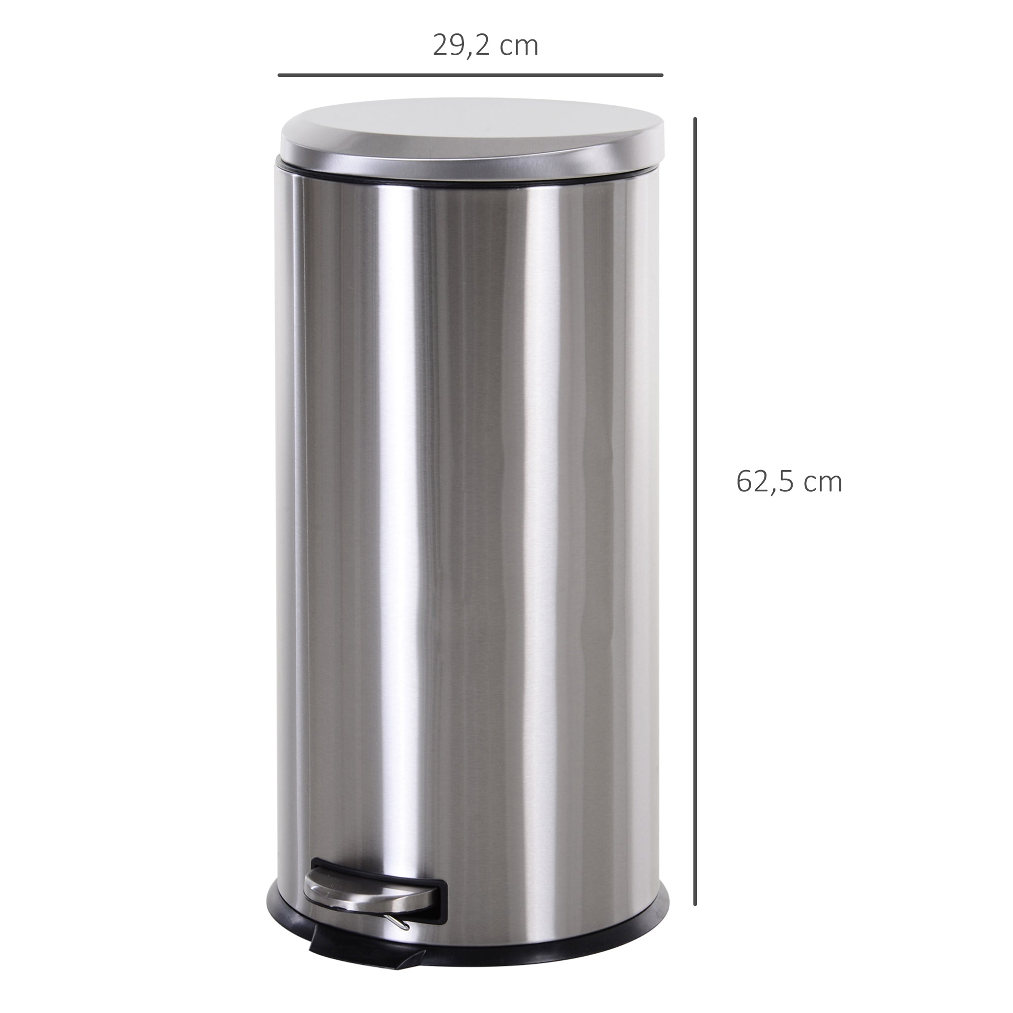 HOMCOM 30L Mülleimer Treteimer aus Edelstahl, Abfalleimer mit Inneneimer, Müllbehälter mit Deckel und Fußpedal, für Wohnzimmer, Büro, Ø29,2 x 62,5 cm