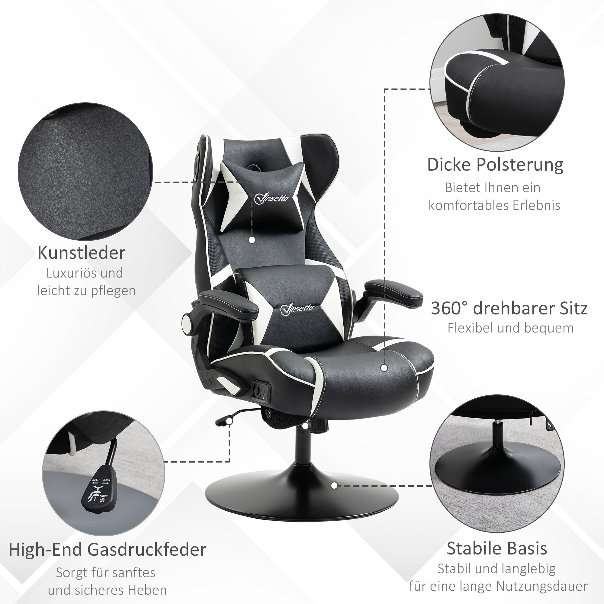Vinsetto Gamingsessel, Gamingstuhl, integrierte Lautsprecher, neigbare Rücklehne, schwarz+weiß, 69 x 73 x 118cm