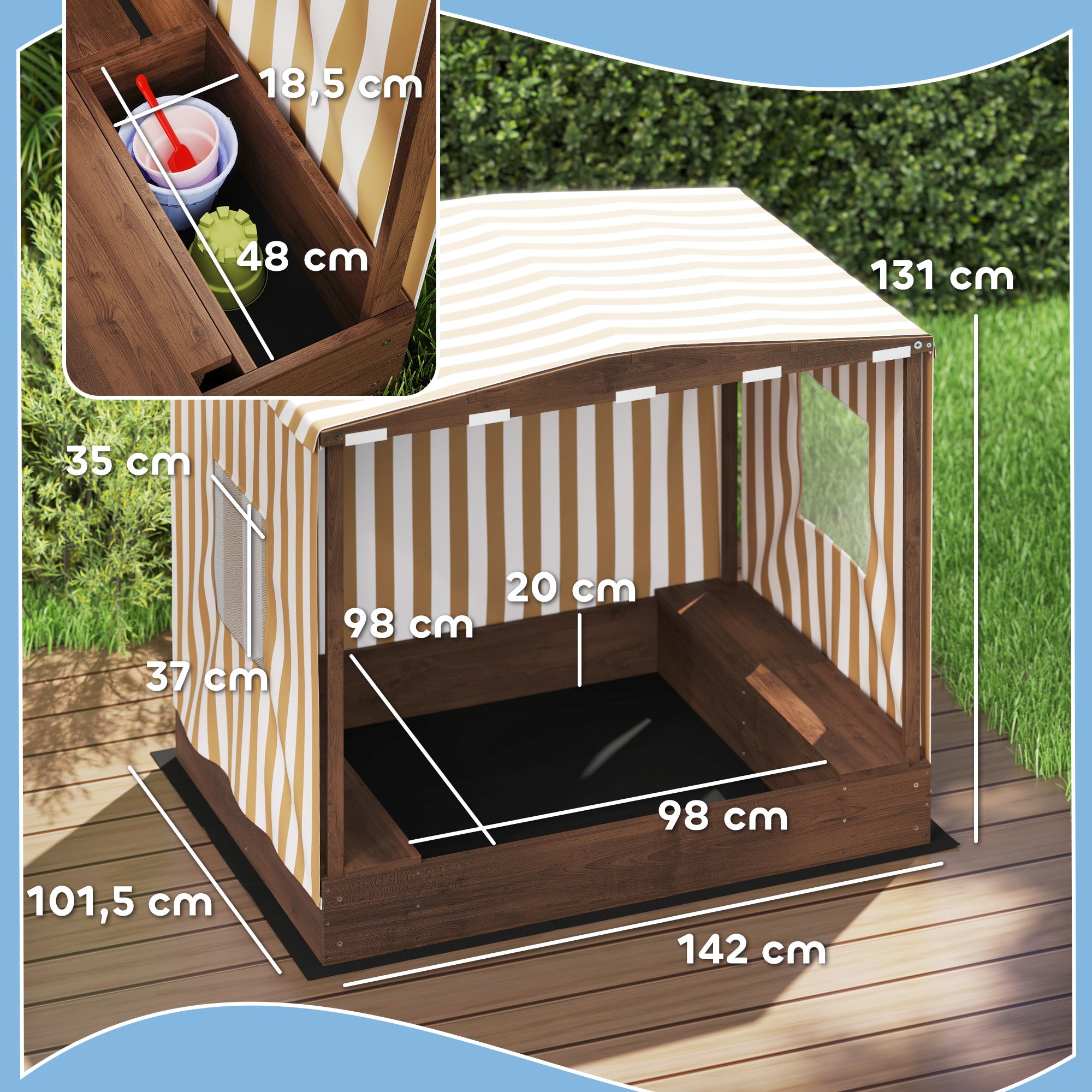 AIYAPLAY Sandkasten, Sandkiste mit Vordach und Netztür, Sitzbänke, Bodenschutz, Braun