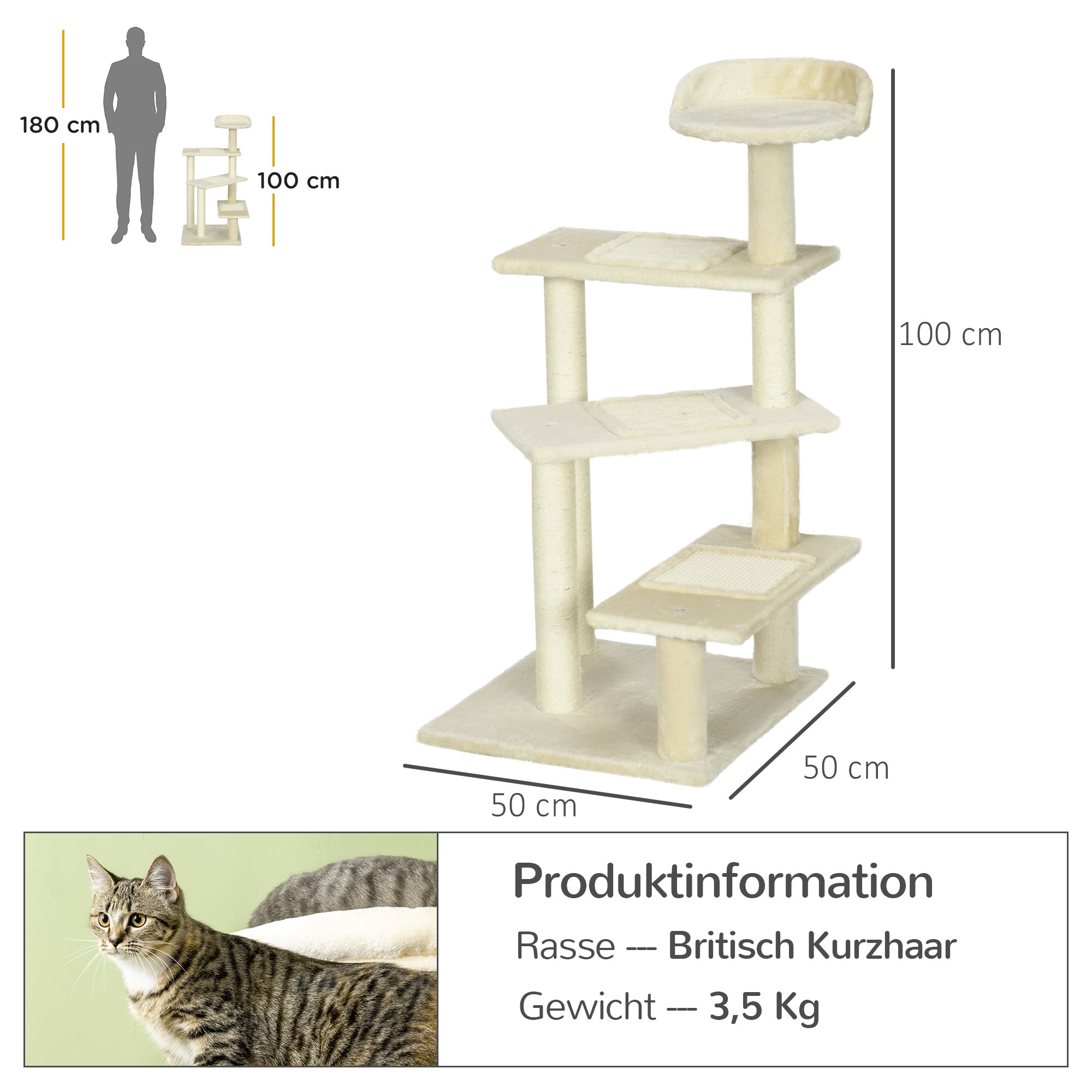PawHut Kratzbaum 100 cm Katzenturm mit Sisalstämme, große Plattform, mehrstöckiger Katzenkratzbaum, Kletterbaum, für kleine & mittelgroße Katzen, Beige
