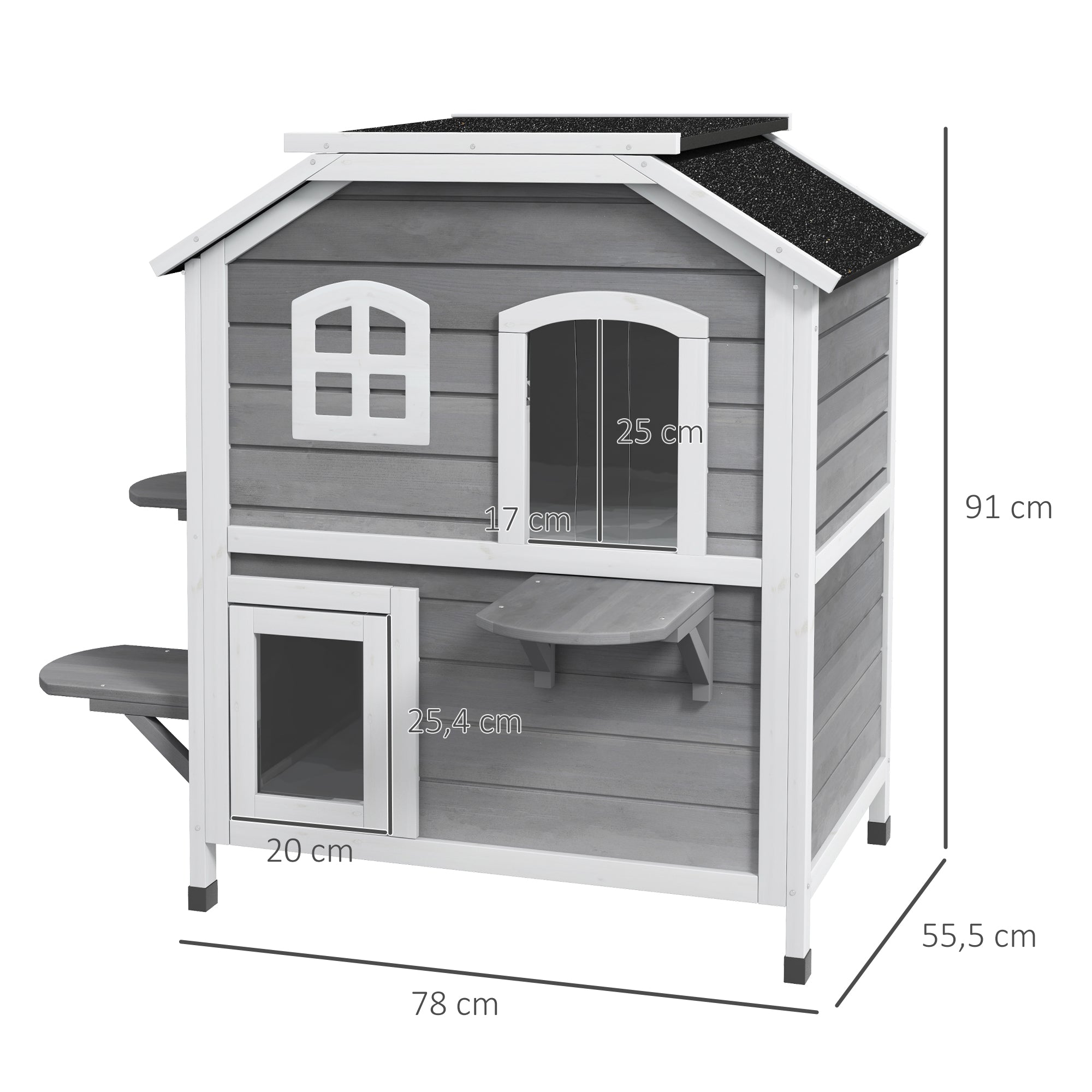 PawHut Katzenhaus aus Holz 2-Etagen Winterfest wasserdicht Katzenhütte mit Asphaltdach klappbarem Deckel Treppe Katzenhöhle Outdoor Schutzhütte für Draußen Garten Balkon 78 x 55,5 x 91 cm Grau
