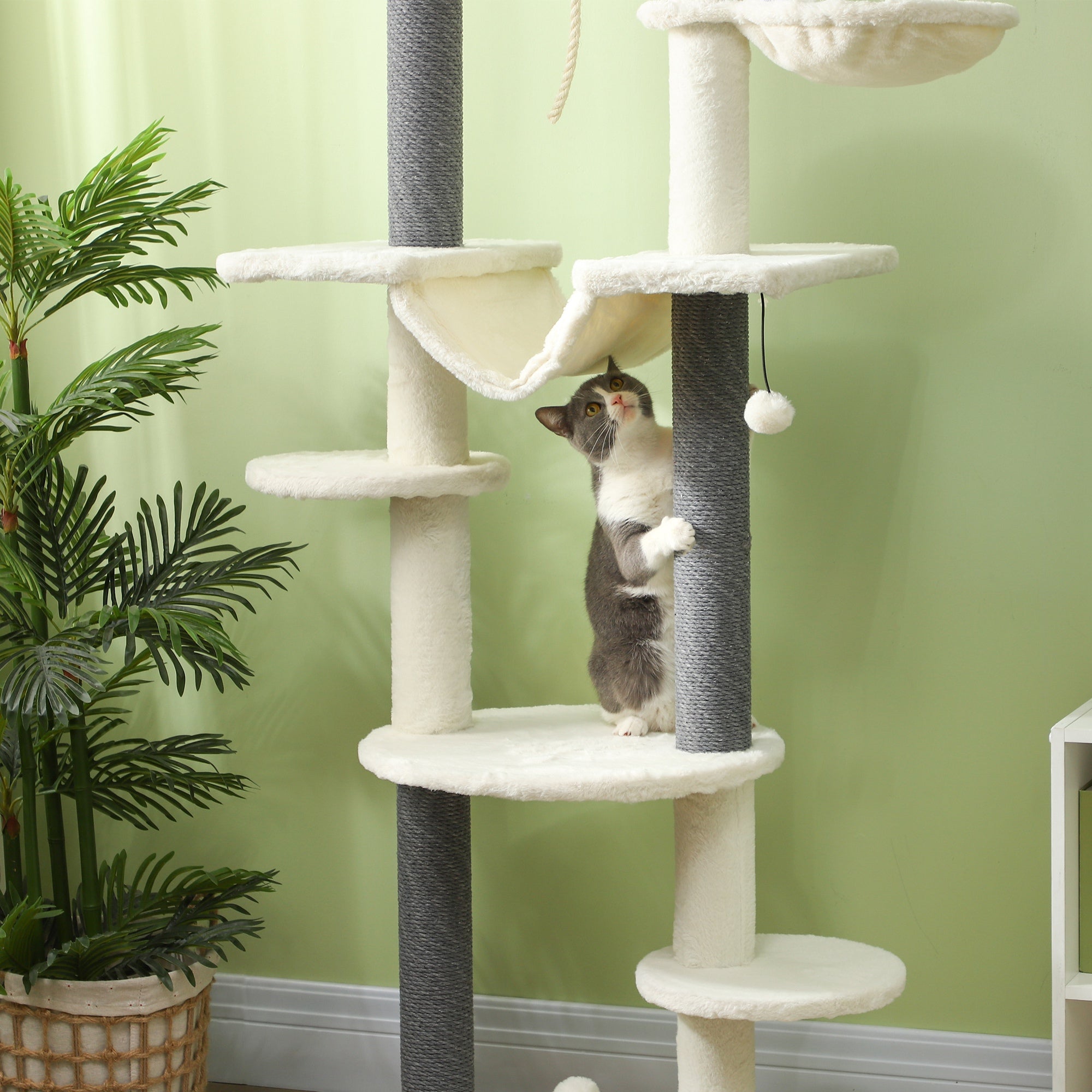 PawHut Kratzbaum, deckenhoch, verstellbar 225-255 cm, Plattformen & Hängematten, Kippschutz, Weiß