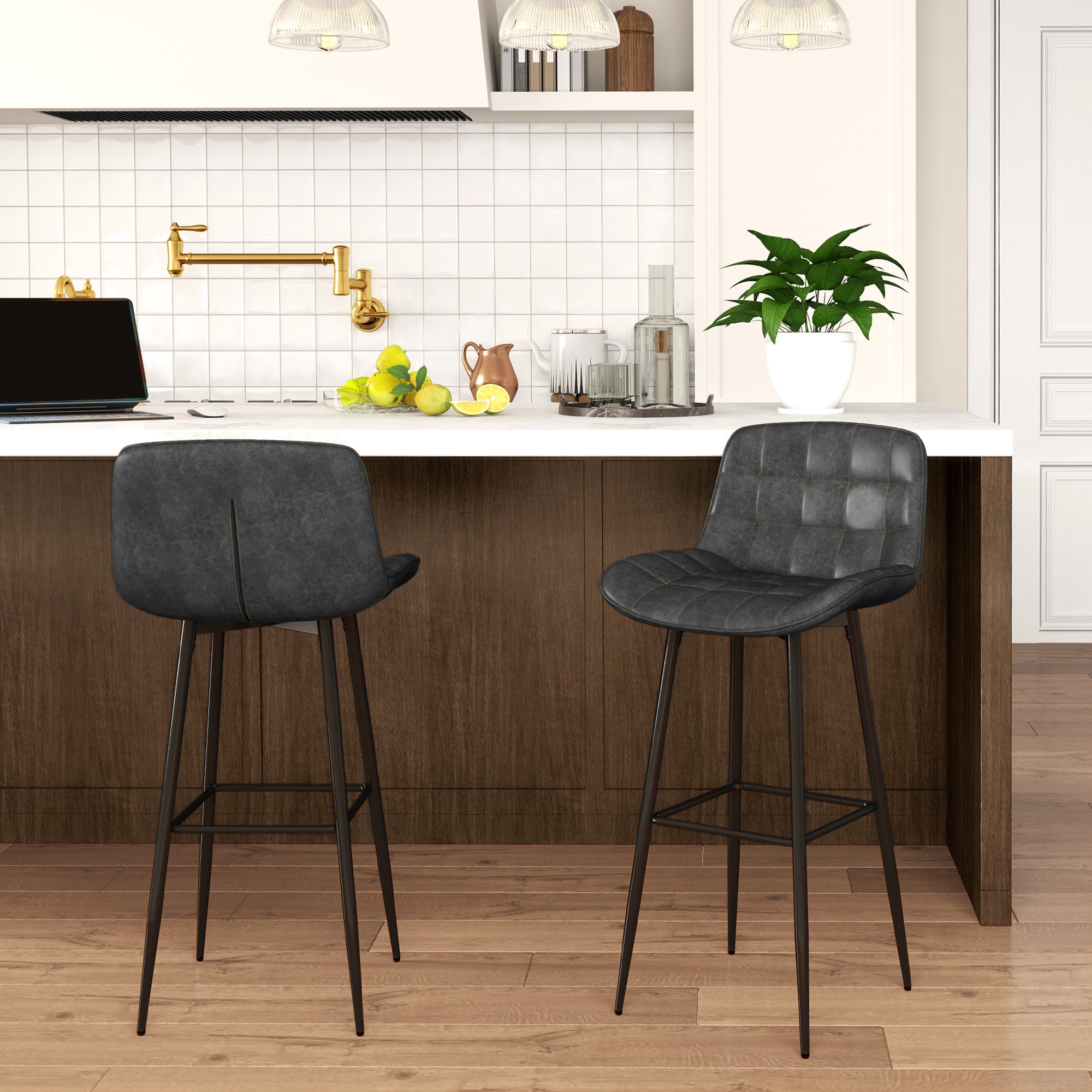 HOMCOM Barhocker im 2er-Set, schöne Steppung, Kunstlederbezug, 98 cm, bis 120 kg, Anthrazit