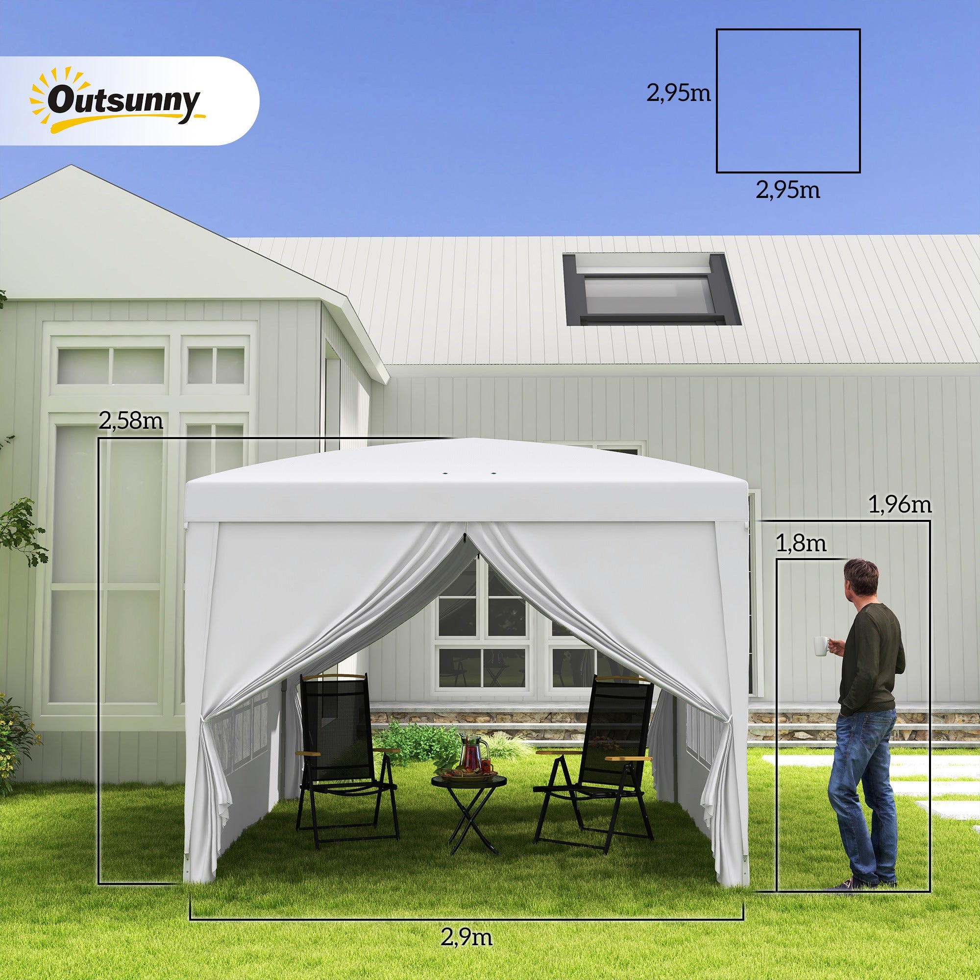 Outsunny 3 x 3 m Pavillon mit 4 Seitenwänden, Fenster, Festzelt mit UV-Schutz, Gartenzelt inkl. Tragetasche, Stahl, Weiß