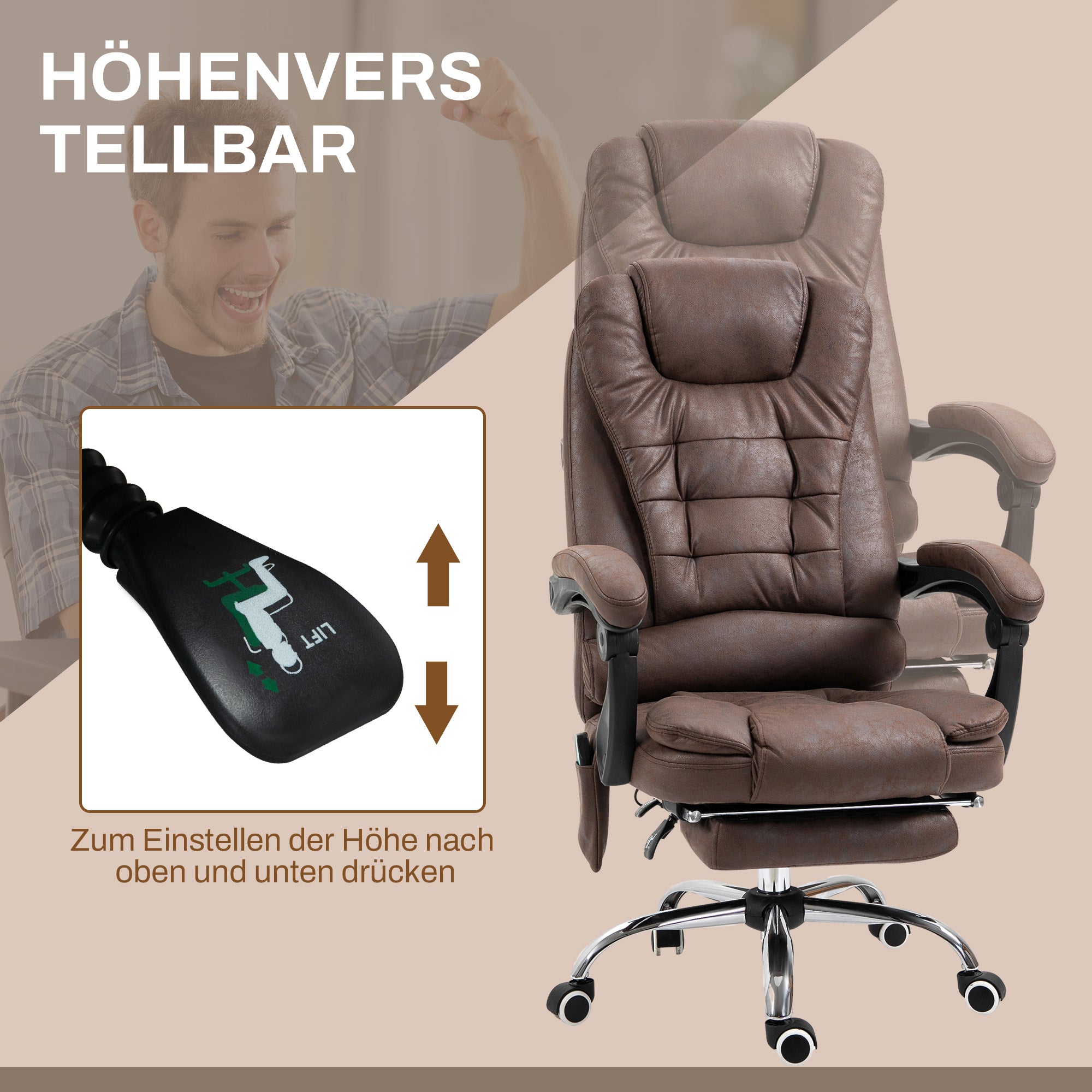 Vinsetto Massage-Bürostuhl, Liege- & Wärmefunktion, drehbar, ergonomisch, bis 120 kg, Braun