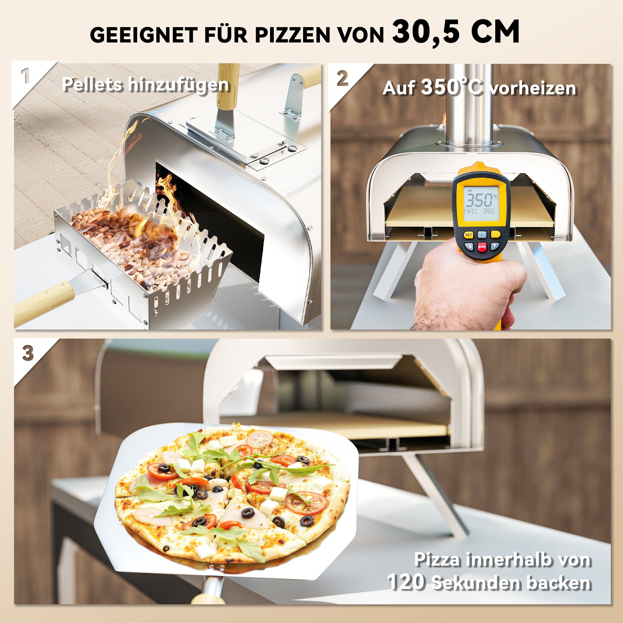 Outsunny Outdoor-Pizzaofen, Tragbarer Pizza-Ofen mit Pizzastein und Schaufel, klappbare Beine, Schornstein, Edelstahl