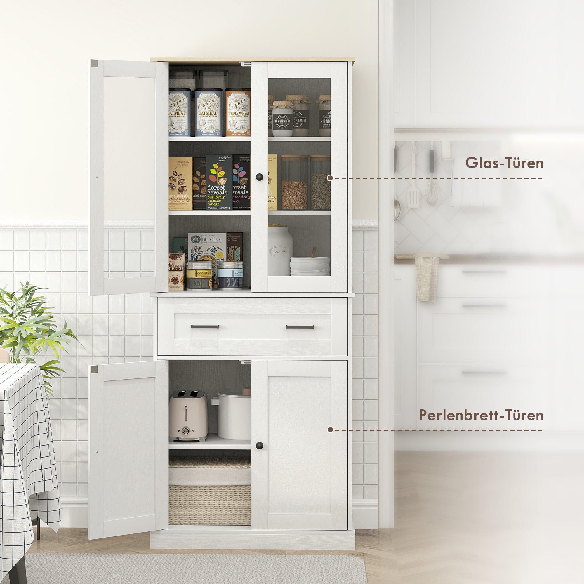 HOMCOM Küchenschrank, Buffet, Acrylfront, Schubladen, 76 x 40 x 182,5 cm, Cremeweiß