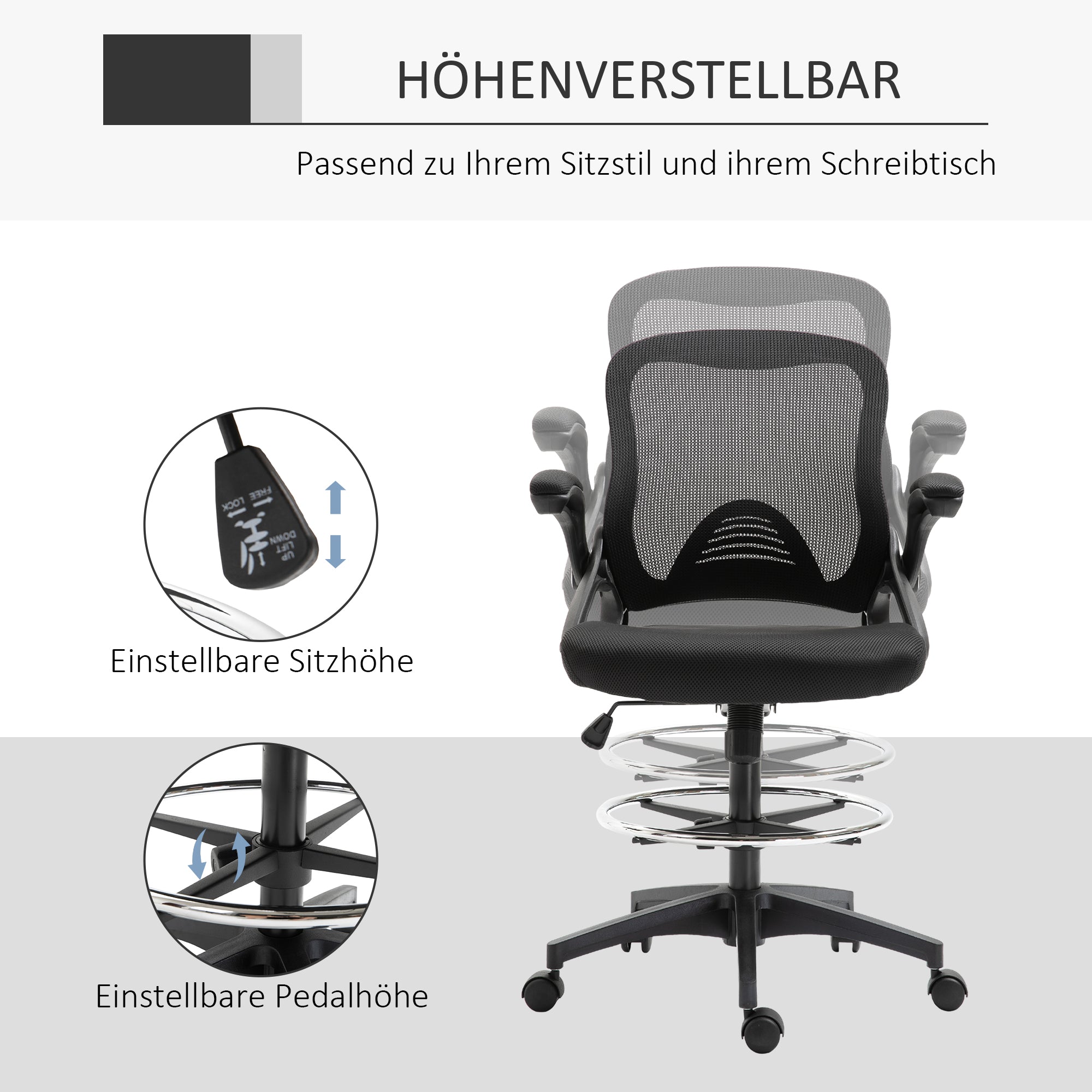 Vinsetto Bürosessel, Schreibtischstuhl, Stehfunktion, mit Fußablage, drehbarer Sitz, Stahl, schwarz, 64 x 60 x 106-126cm