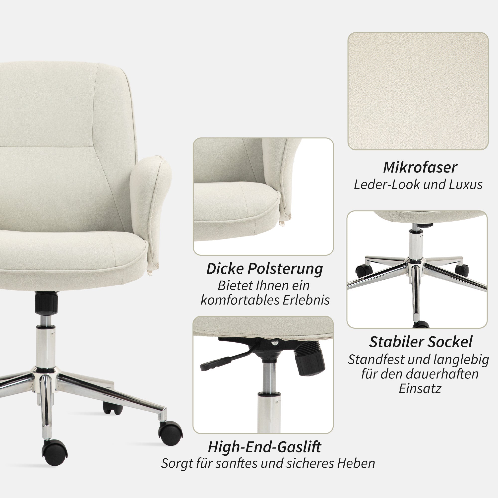 Vinsetto Bürostuhl, höhenverstellbar, atmungsaktiver Bezug, Wippfunktion, bis 120 kg, Cremeweiß