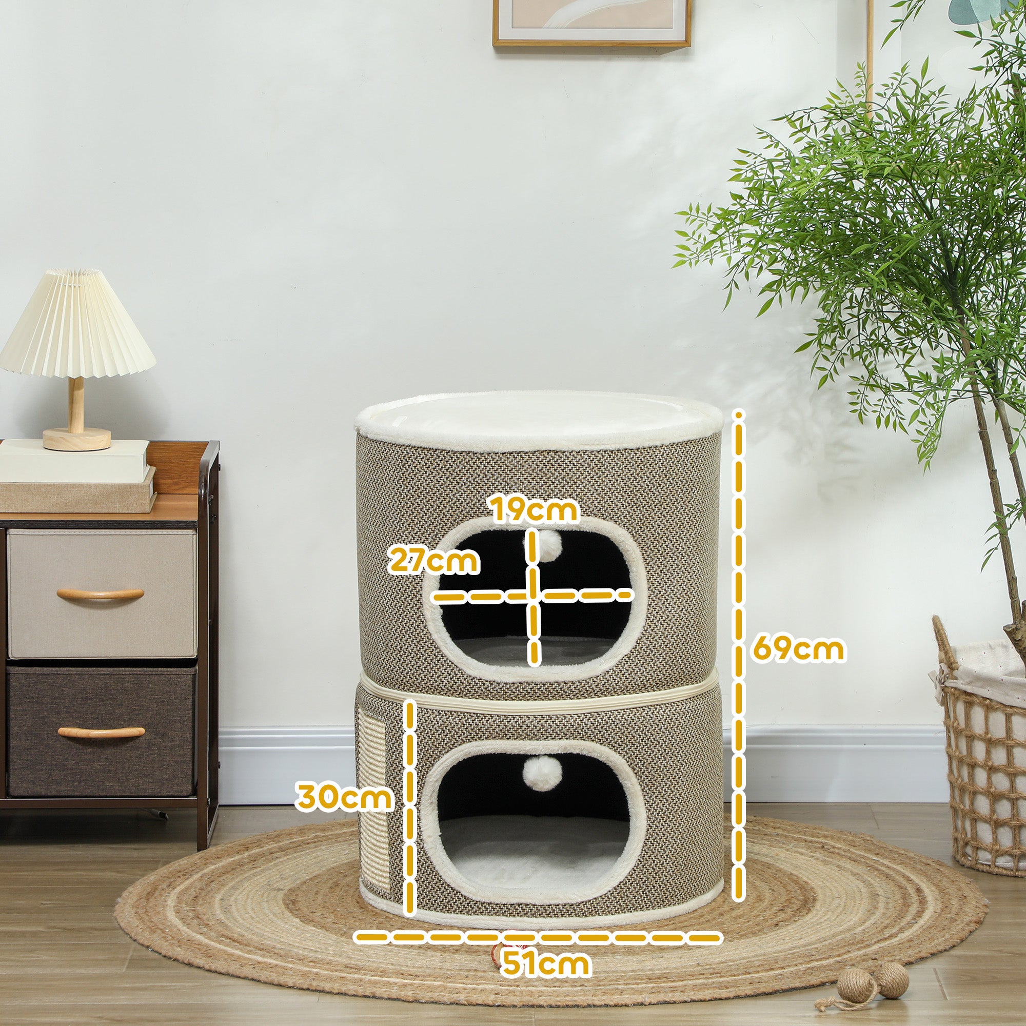 PawHut Katzenfass, 3 Ebenen, mit Kissen, Kratzmatte, Spielbällen, Katzenhaus für Innenbereich, Braun