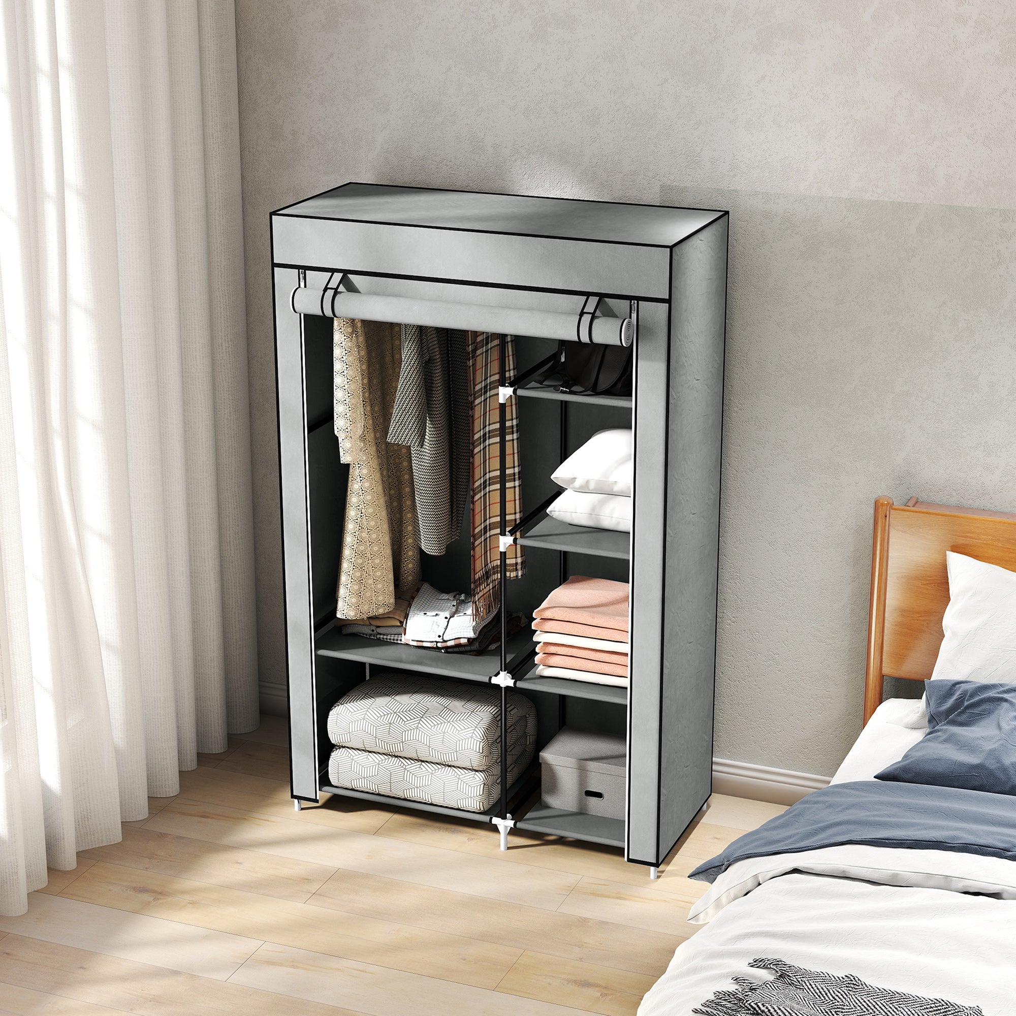 HOMCOM Schrank aus Stoff, Aufbewahrungslösung, 6 Regale, 1 Kleiderstange, Grau