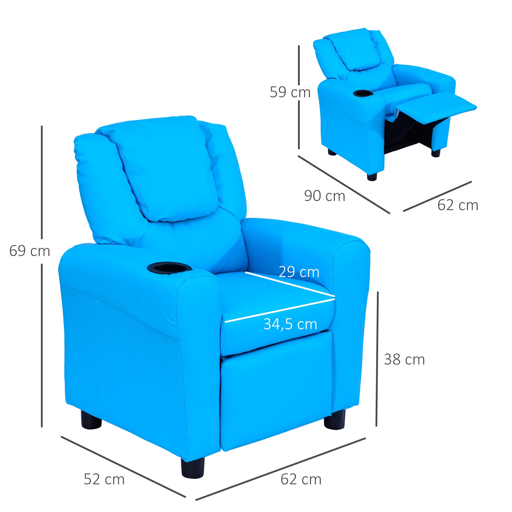 HOMCOM Kindersessel mit neigbarer Rücklehne 62 x 52 x 69cm Massivholzrahmen Blau