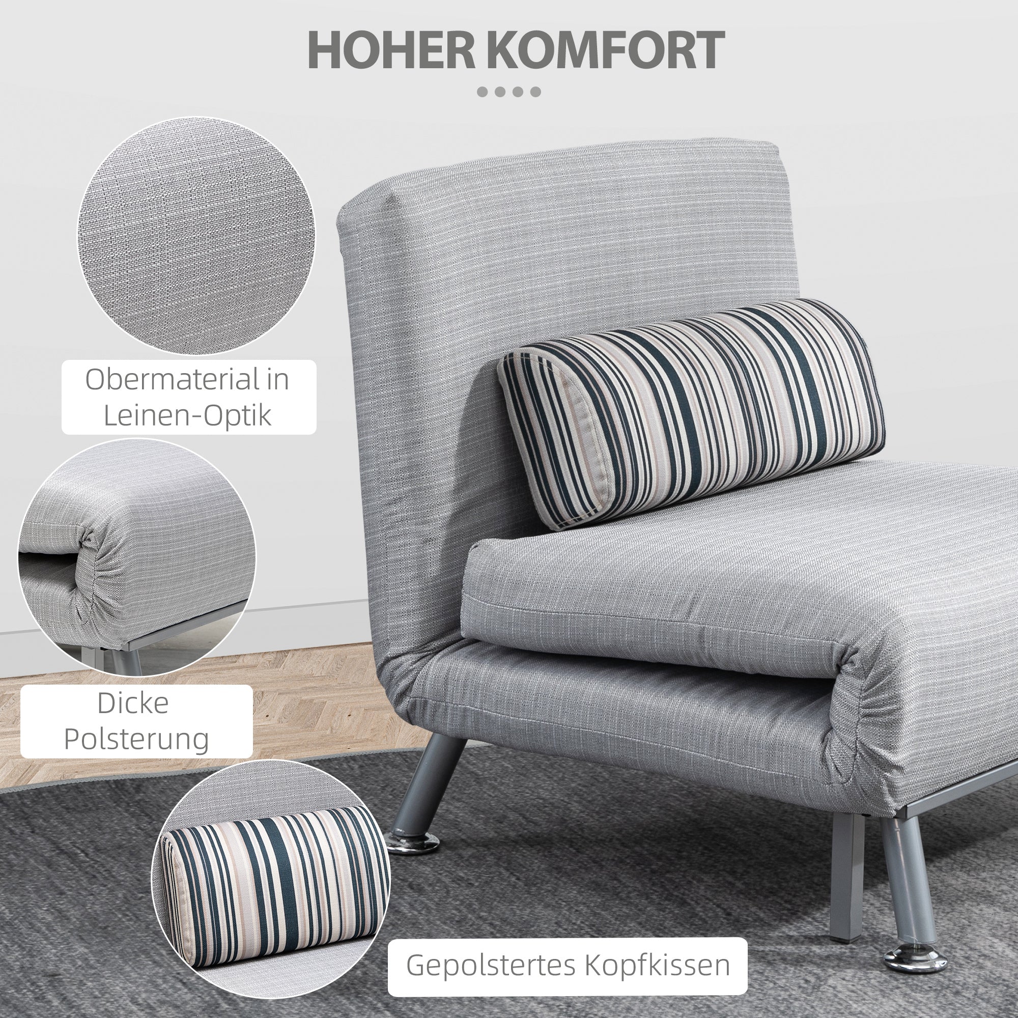 HOMCOM Klappsessel mit Bettfunktion, klappbarer Relaxsessel in Leinenoptik, Verstellbare Rückenlehne, 75 x 70 x 75 cm, Grau