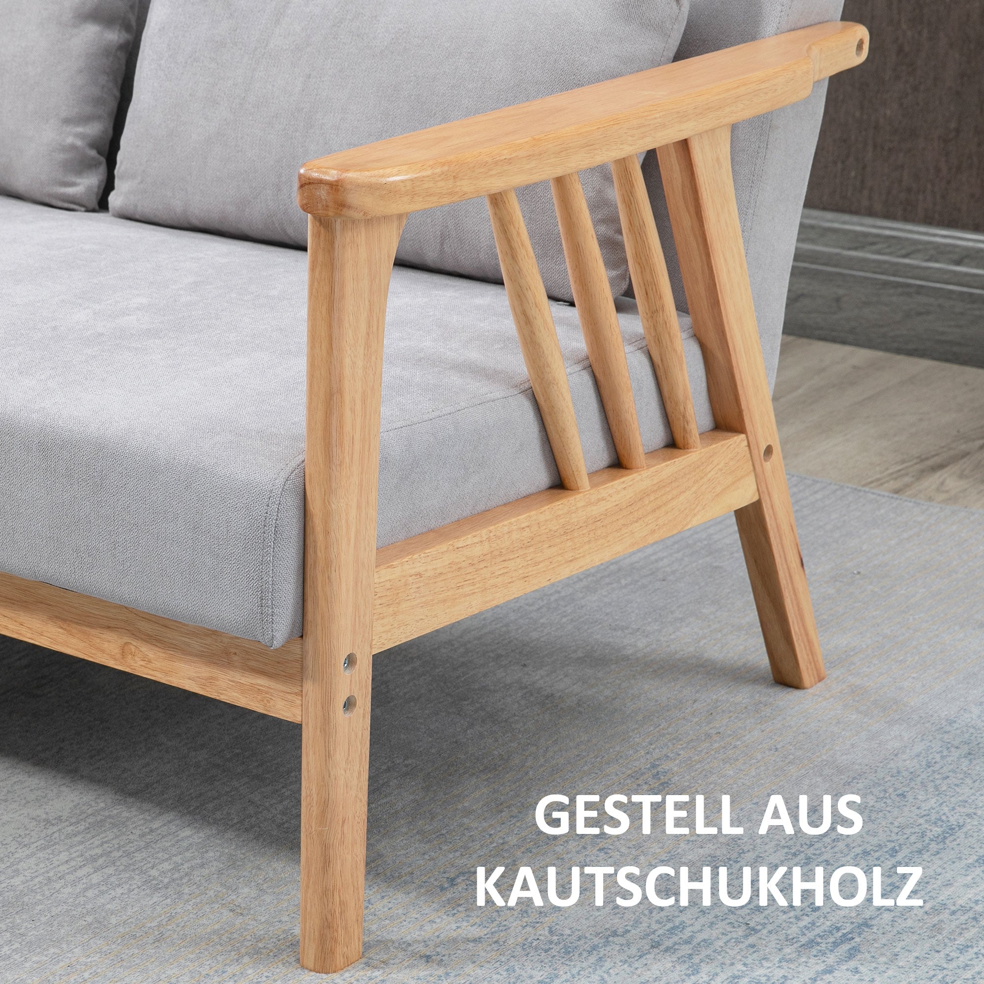 HOMCOM Sofa Relaxsofa 2-Sitzersofa, inkl. 2 Kissen, Samtoptik, Kautschukholz, 130 cm x 75 cm x 78 cm, Grau + Natur